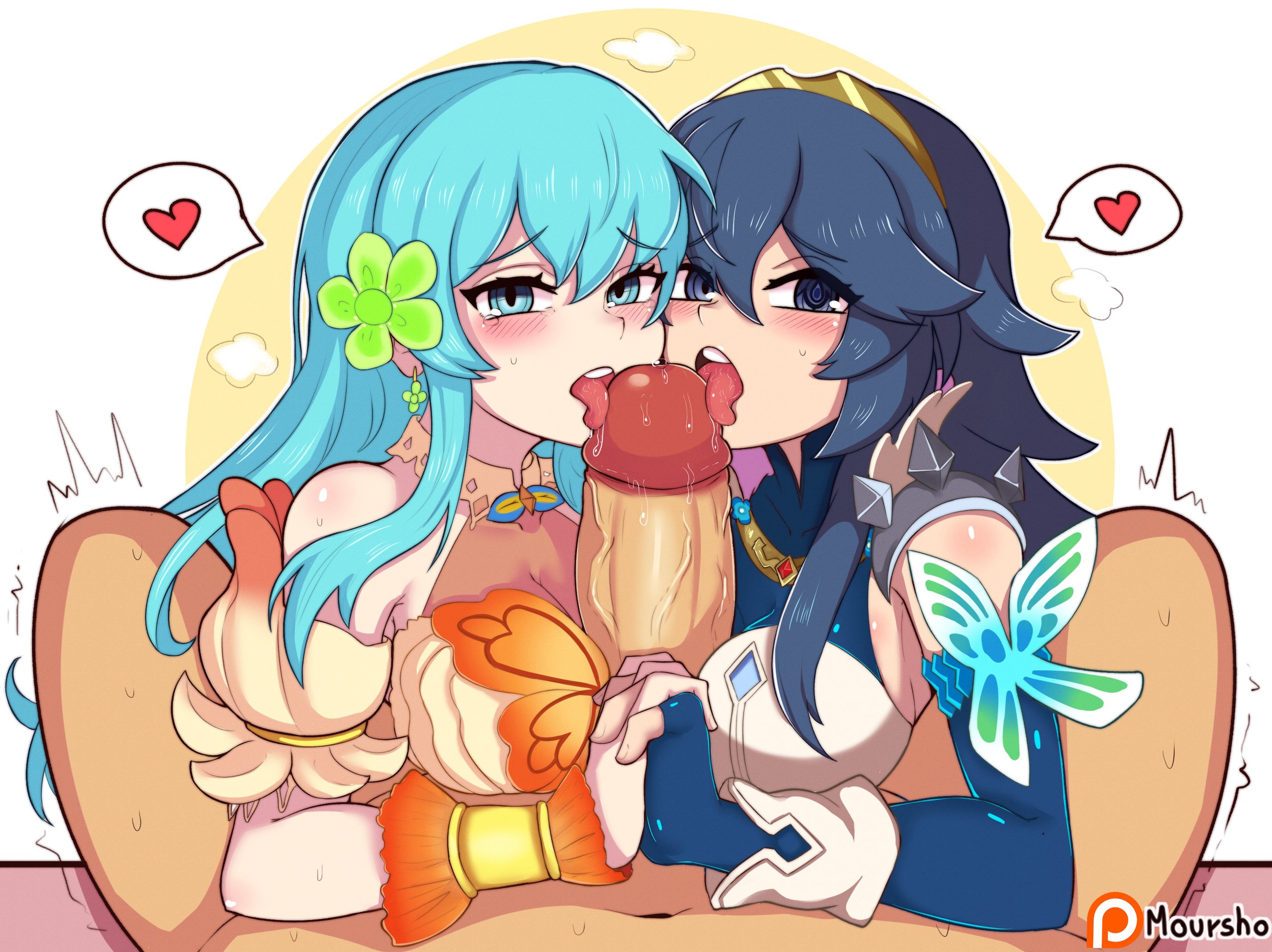 alternate costume, blue eyes, blue hair, breasts, butterfly, collaborative fellatio, double paizuri, eirika (fire emblem), elbow gloves, fellatio, female, ffm threesome, fingerless gloves, fire emblem, fire emblem awakening, fire emblem heroes, fire emblem: the sacred stones, gloves, hand holding, holding hands, light blue eyes, light blue hair, long hair, looking at viewer, lucina (fire emblem), male, moursho, multiple fellatio, nintendo, oral, paizuri, penis, penis lick, saliva, saliva on penis, symbol-shaped pupils, teamwork, threesome, tiara