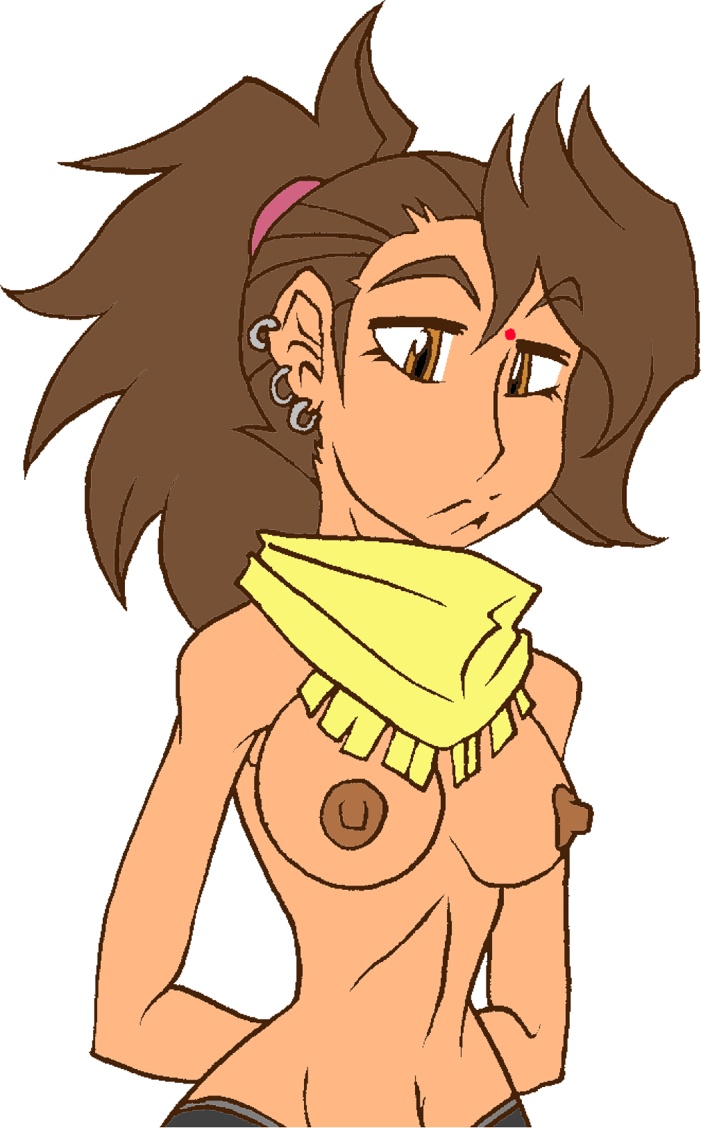 1girls arms_behind_back bindi bored_expression brown_eyes brown_hair candy_shop color colored curvy_female ear_piercing flash long_hair looking_at_viewer original_character ponytail roninsong scarf solo_female tagme tahl_(roninsong) tanned_female toned_female