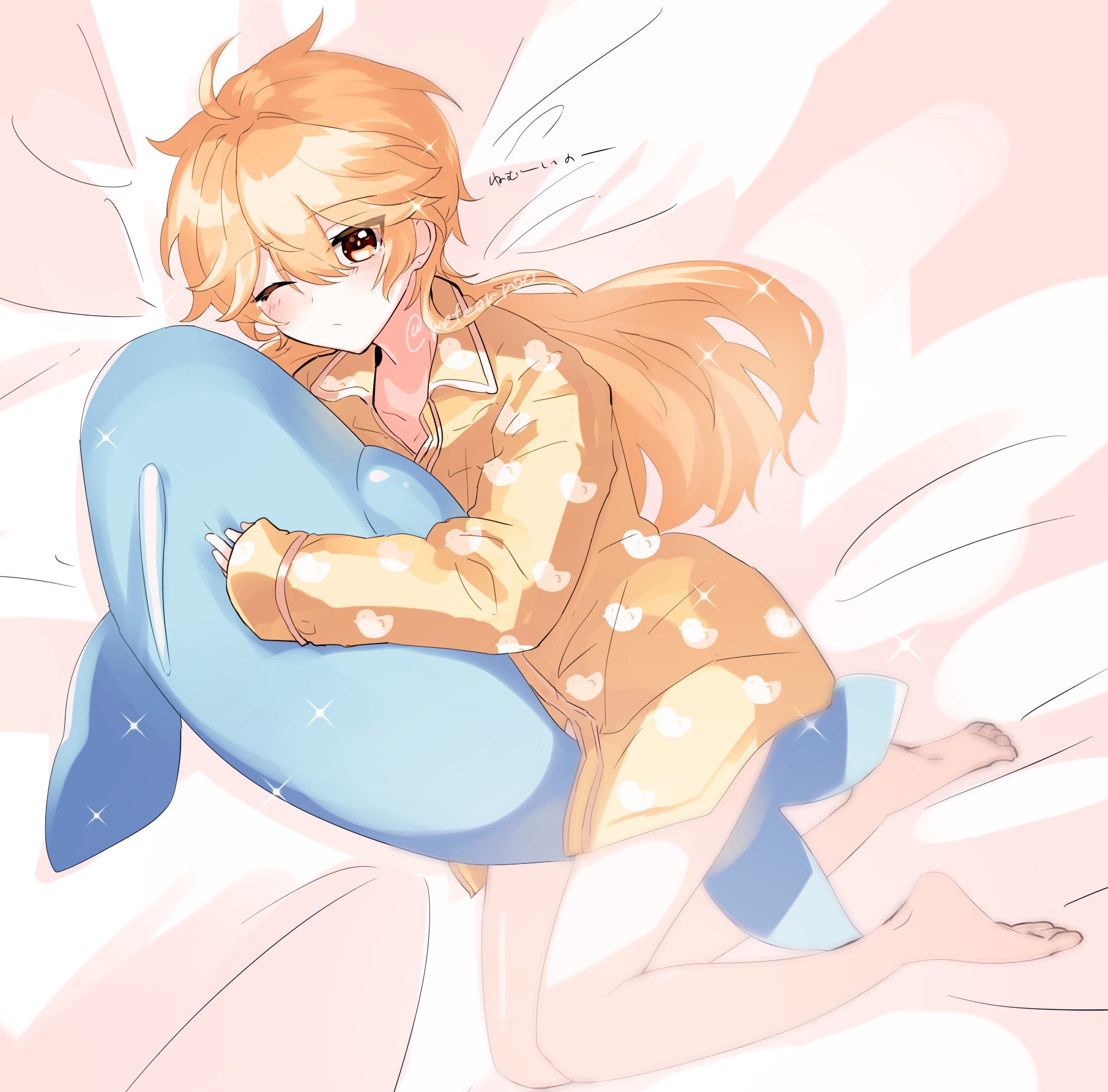 aether (genshin impact), bare legs, blonde hair, femboy, feminization, genshin impact, hugging pillow, lying, lying on bed, male, male only, one eye closed, oversized clothes, oversized shirt, solo, stuffed toy