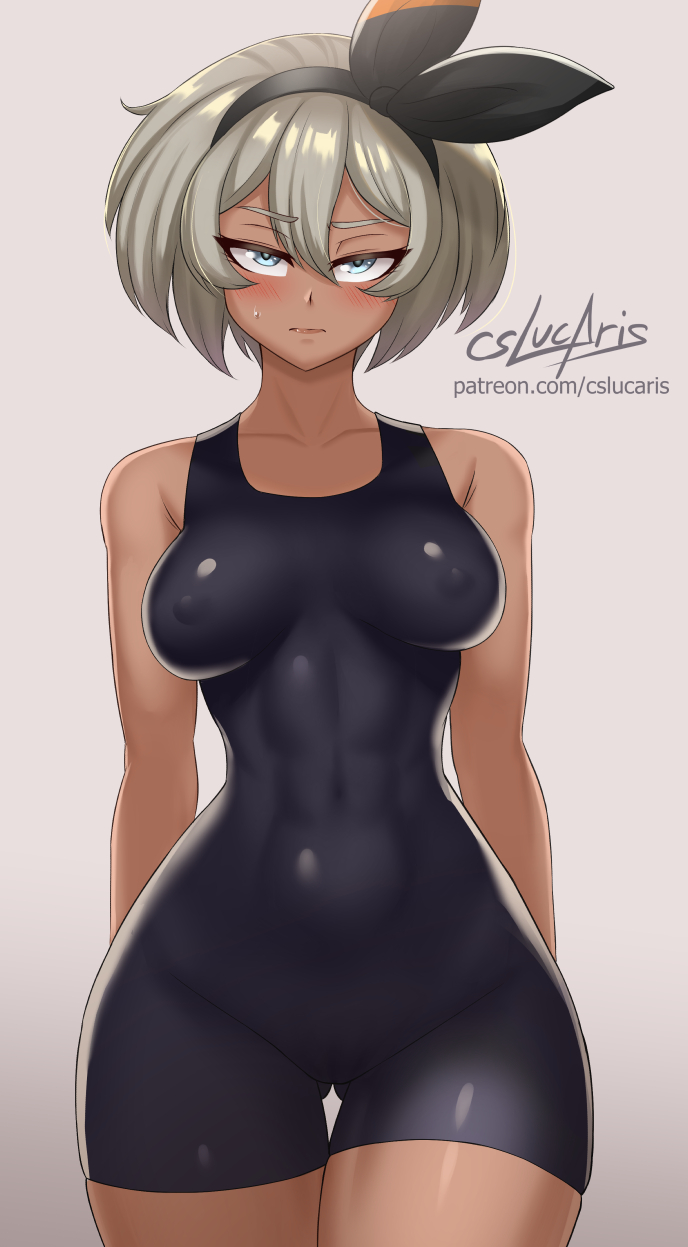 1girls, abs, abs visible through clothing, ass visible through thighs, bea (pokemon), blush, bodysuit, breasts, breasts apart, cslucaris, female, female focus, female only, grey hair, human, jpeg, muscular, muscular female, nintendo, nipples visible through clothing, pokemon, pokemon ss, short hair, signature, solo, sweat