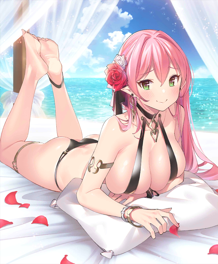 alira_(evertale) ankleband ass barefoot bikini black_bikini black_swimsuit bracelet breasts choker closed_mouth copyright_name earrings elf evertale feet female female flower green_eyes hair_flower hair_ornament jewelry large_breasts long_hair lying official_art on_stomach petals pink_hair pointed_ears simple_background smile solo swimsuit the_pose thighlet