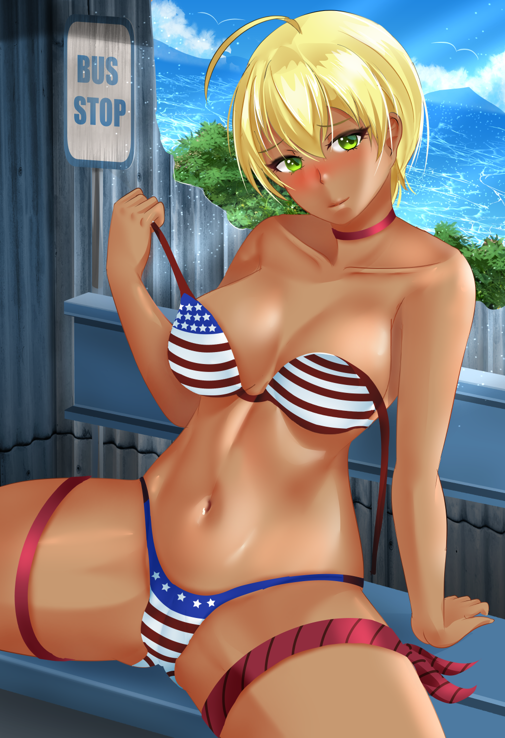 1girls 2020 american_flag american_flag_bikini arm_support bare_shoulders belly bikini bikini_bottom bikini_top bikini_top_down blonde_hair blush breasts bus_stop cameltoe choker cleavage closed_mouth collarbone dark-skinned_female dark_skin eyebrows eyelashes female female_focus female_only fuzzlogik green_eyes looking_at_viewer medium_breasts mito_ikumi mouth_closed navel red_choker shokugeki_no_souma short_hair shounen_jump sitting solo solo_female solo_focus spread_legs stomach tan tan_body tan_skin tanned tanned_skin thighs very_short_hair