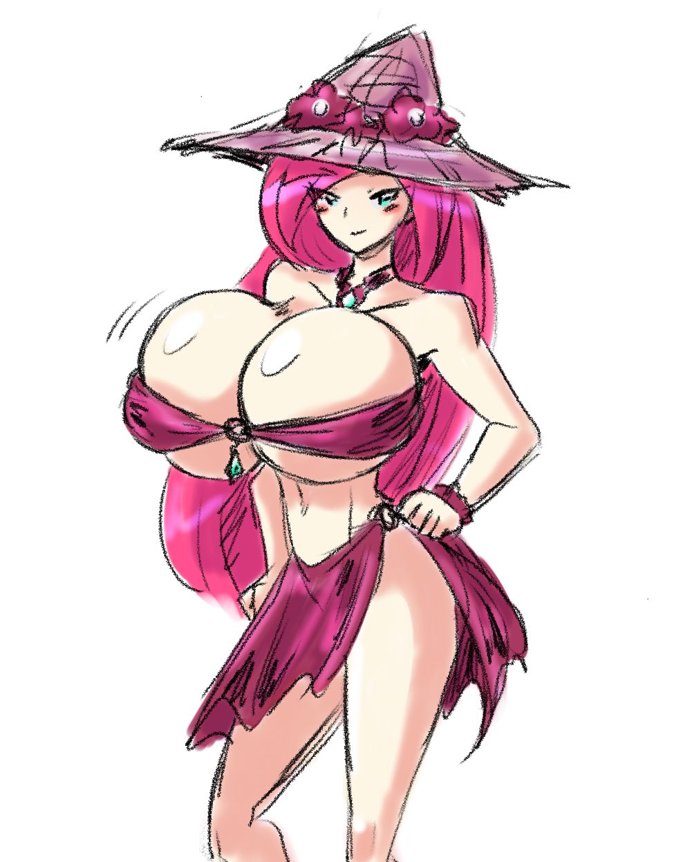 1girls bare_shoulders big_breasts bikini blush breasts collarbone female female_only green_eyes hand_on_hip hat huge_breasts long_hair looking_at_viewer o-ring o-ring_bikini o-ring_top original paulgq pink_hair smile solo solo_female standing straw_hat tagme witch_hat wristband