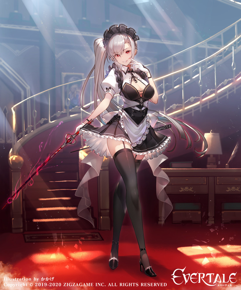 asymmetrical_hair breasts clarice_(evertale) cleavage evertale eyebrows_visible_through_hair female full_body gloves grey_hair high_heels high_resolution holding holding_sword holding_weapon indoors kakage long_hair looking_at_viewer maid maid_headdress medium_breasts ponytail red_eyes shoes short_sleeves side_ponytail skirt skirt_lift solo stairs standing stockings sword thighhighs tied_hair very_high_resolution very_long_hair weapon white_hair