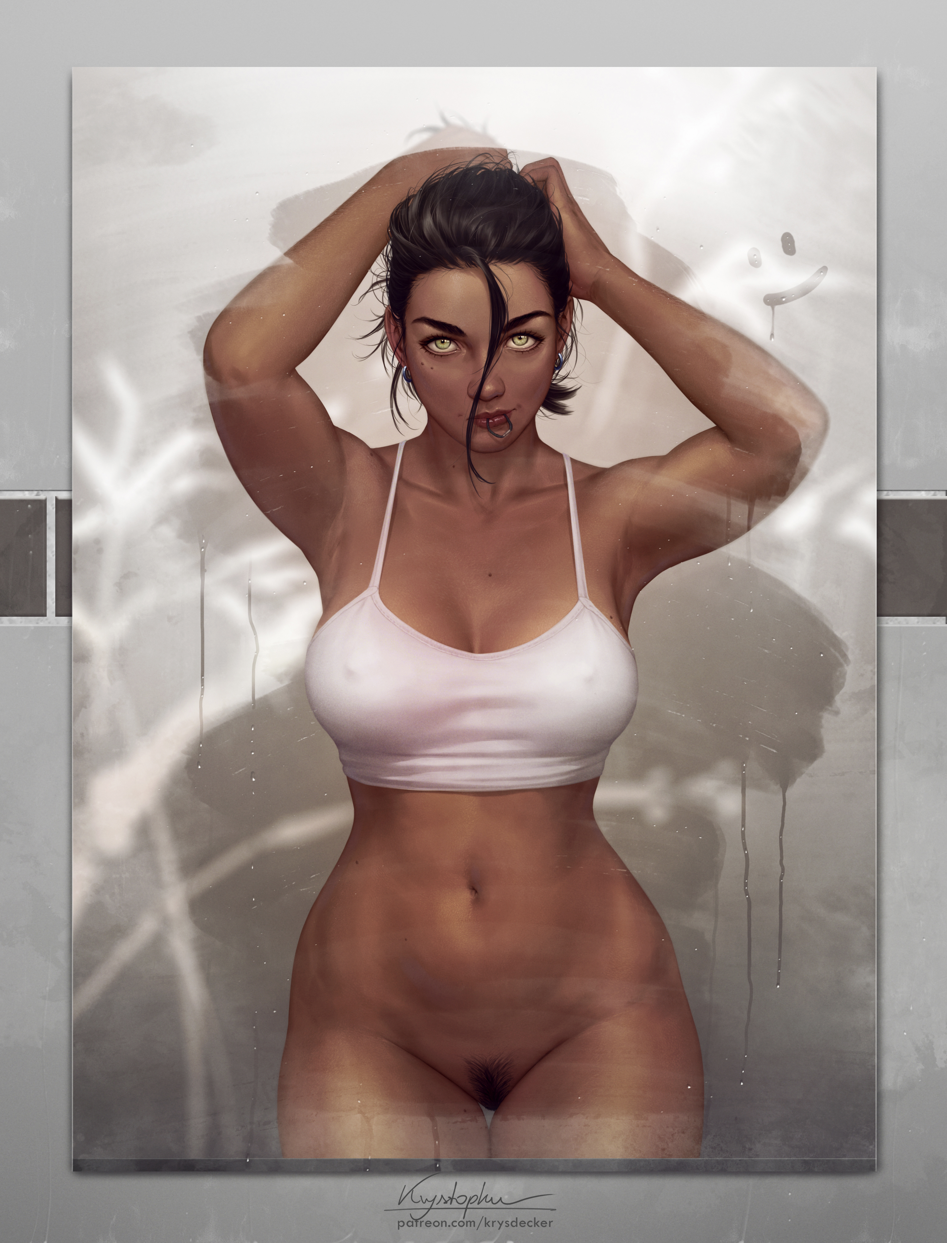 armpits, black hair, bottomless, casual, dark skin, female, green eyes, holding hair, human, krysdecker, looking at viewer, maya (krysdecker), mirror, oc, original, original character, pubic hair