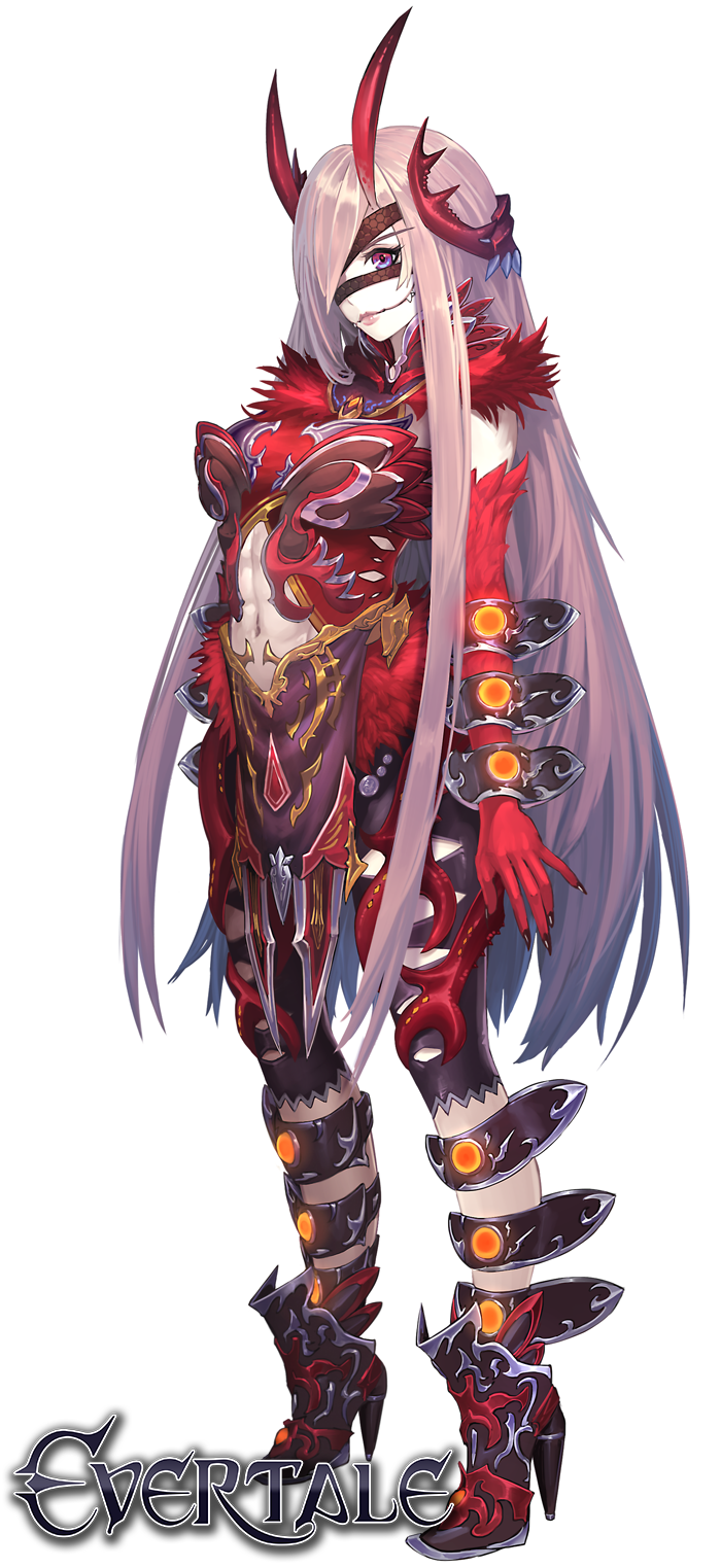 abs armor arms_at_sides clothing_cutout evertale fantasy female fingernails full_body glasgow_smile hair_over_one_eye high_heels highres horns kazto_furuya long_hair looking_at_viewer monster_girl muscular muscular_female navel navel_cutout official_art ossia_(evertale) pale_skin pelvic_curtain pink_hair purple_eyes sharp_fingernails solo very_long_hair white_background