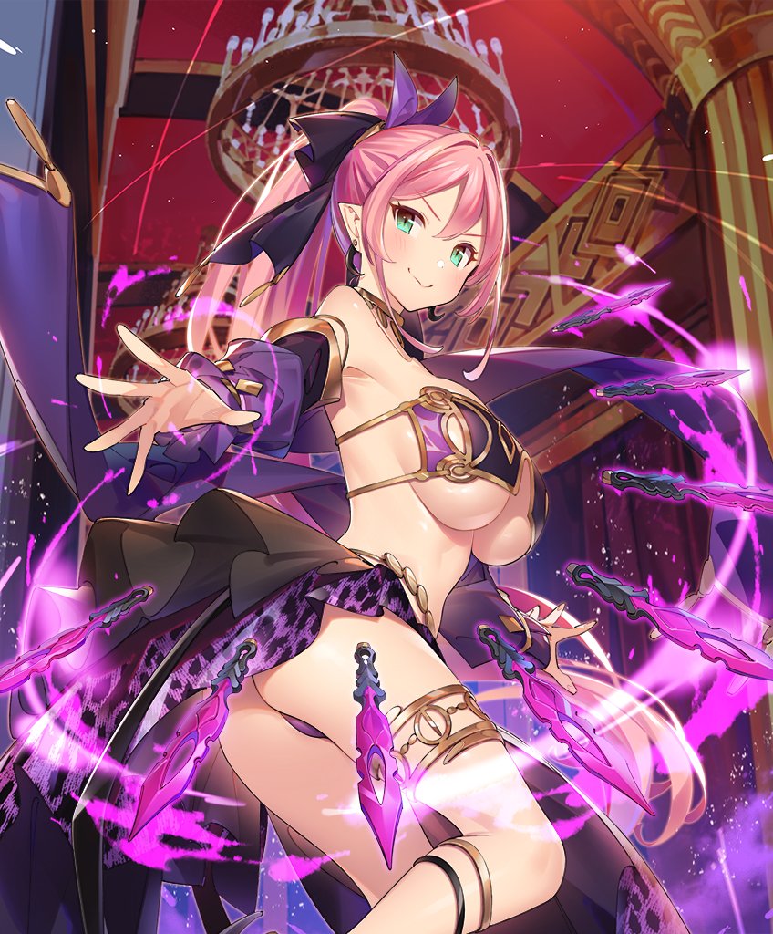 alira_(evertale) ass breasts dagger dancer elf evertale female female_only green_eyes harem_outfit high_heels large_breasts long_hair official_art pantsu pink_hair pointed_ears ponytail revealing_clothes shoes smile thighs thong tied_hair underwear weapon