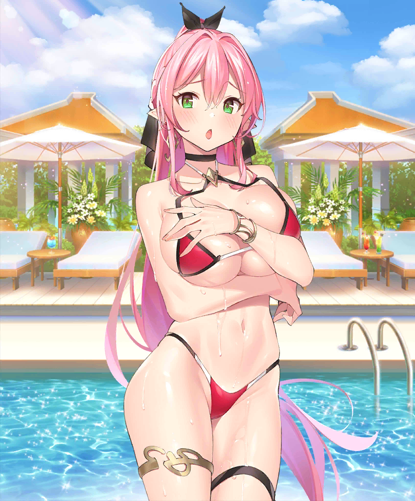 alira_(evertale) arm_under_breasts bikini blush bracelet breast_hold breasts choker cleavage copyright_name covering covering_breasts cowboy_shot earrings elf embarrassed evertale evertale_(game) female female green_eyes hair_between_eyes halterneck highleg highleg_bikini highleg_swimsuit jewelry large_breasts legband long_hair midriff navel official_art open_mouth piercing pink_hair pointed_ears ponytail red_bikini ribbon ribbon_choker simple_background solo swimsuit thigh_strap tied_hair uraha_(evertale) very_long_hair wet