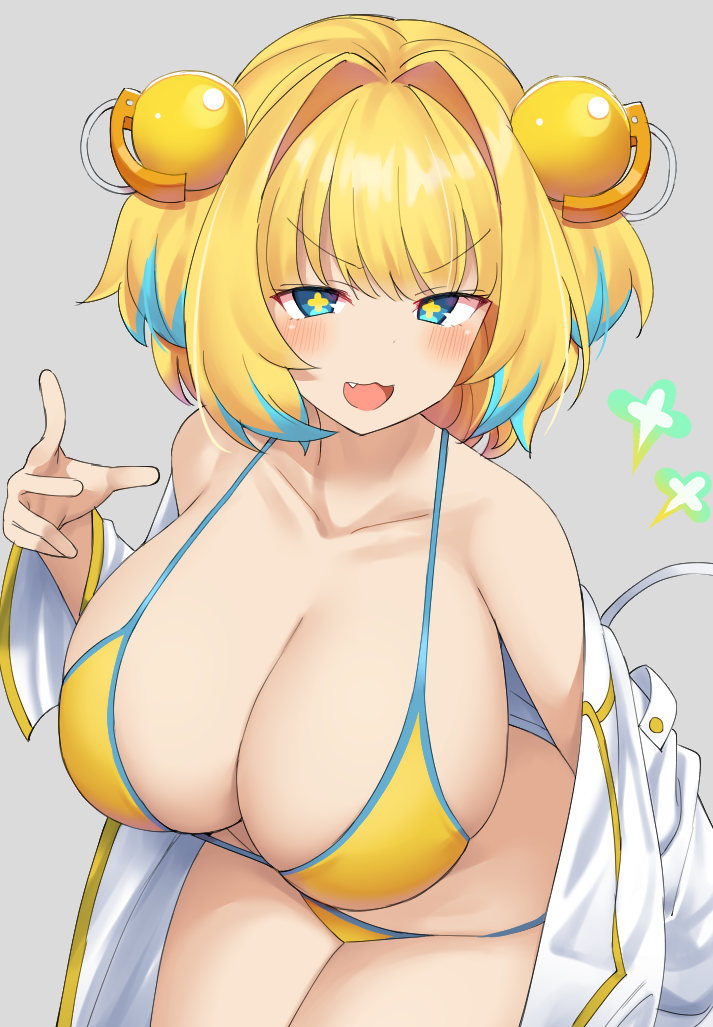 2020 :3 bare_shoulders big_breasts bikini bikini_bottom bikini_top blonde_hair bombergirl breasts cleavage collarbone cute_fang eyebrows_visible_through_hair female female_focus female_only grey_background hair_ornament large_breasts looking_at_viewer massive_breasts mukuba oerba_yun_fang open_mouth pine_(bombergirl) short_blonde_hair short_hair simple_background solo solo_female solo_focus swimsuit swimwear two_tone_hair unusual_pupils yellow_bikini yellow_bikini_bottom yellow_bikini_top yellow_swimwear