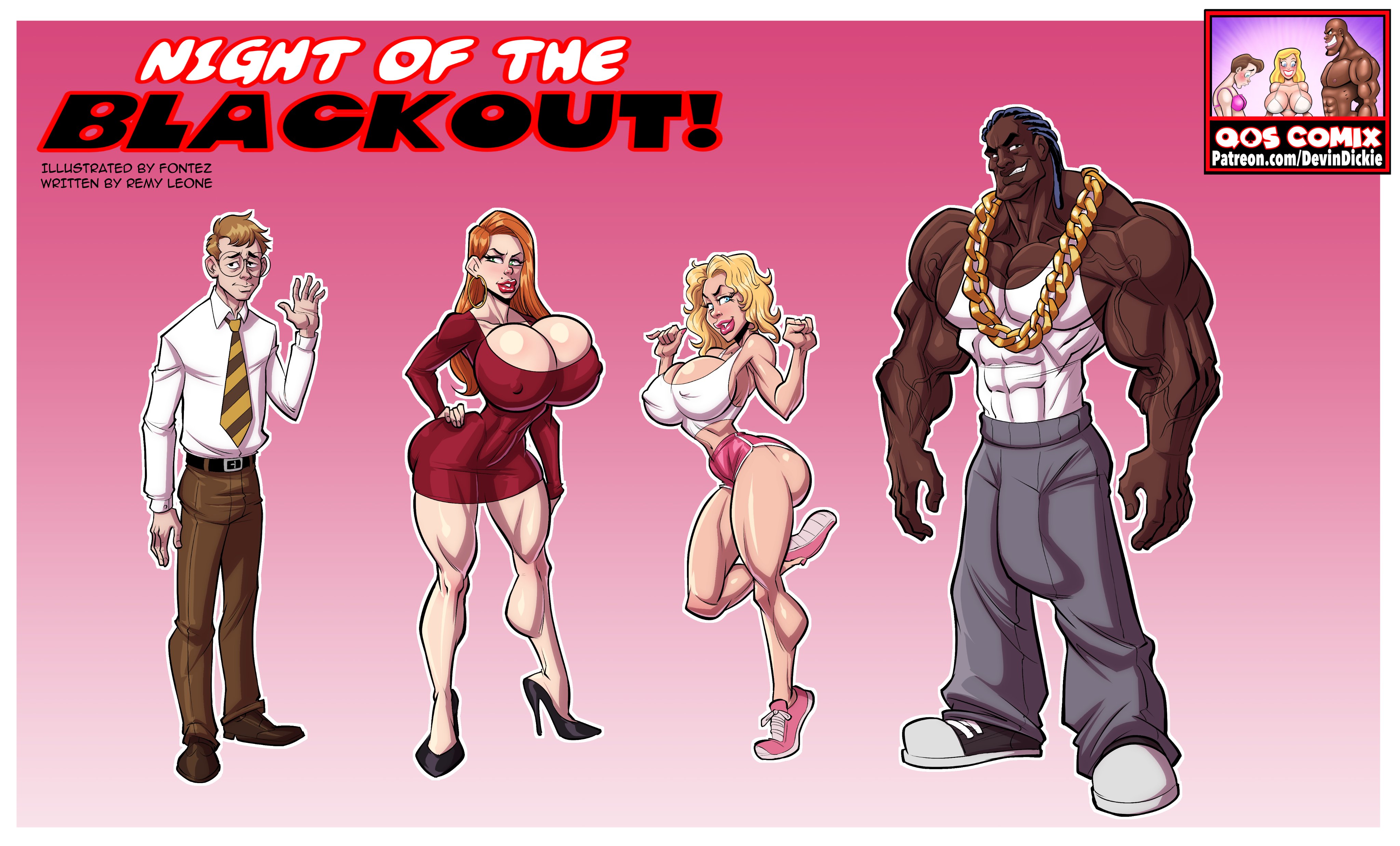 2boys, 2girls, ass, big ass, big penis, bimbo, blonde hair, breasts, dark skin, dark-skinned male, female, fontez, high heels, interracial, large breasts, male, penis