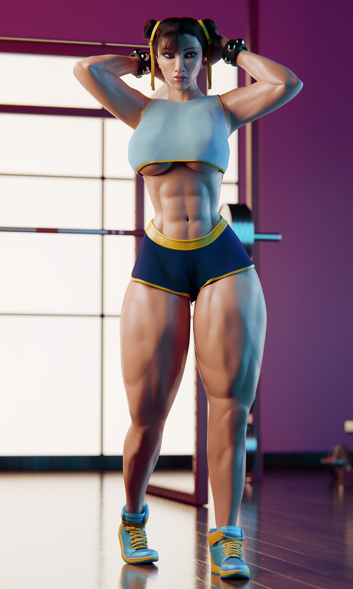 1girls, 3d, abs, athletic, athletic female, big breasts, big lips, big thighs, bimbo, breasts, busty, capcom, chun-li, el-recondite (artist), female, female focus, female only, green skin, hourglass figure, light skin, light-skinned female, muscles, muscular, muscular female, muscular legs, muscular thighs, pale skin, pale-skinned female, pose, posing, solo, street fighter, wide hips