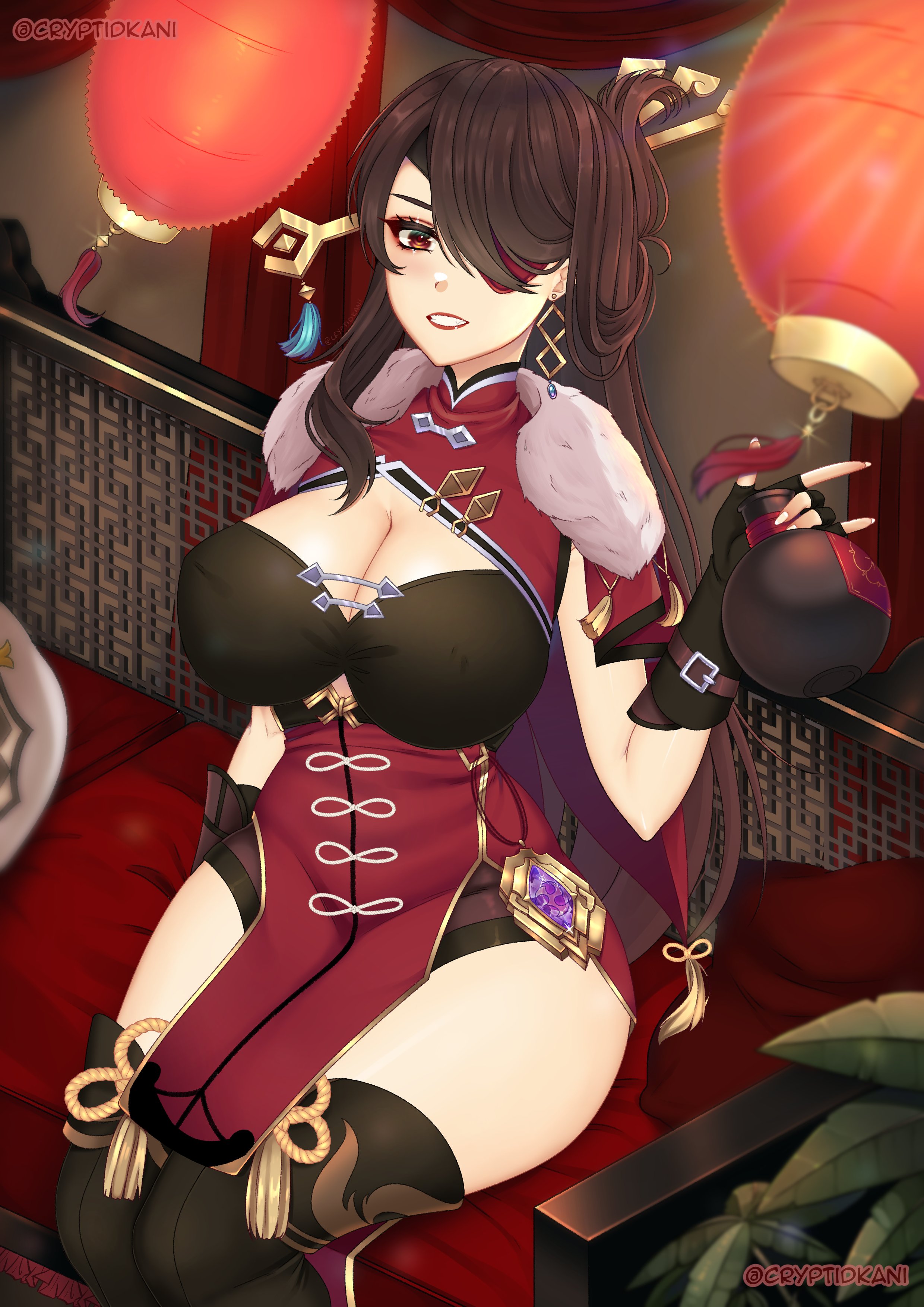 1girls, bare thighs, beidou (genshin impact), big breasts, boots, breasts, brown eyes, brown hair, cape, cleavage, cryptid crab, earrings, female, genshin impact, grin, hair over one eye, large breasts, long hair, one eye covered, pelvic curtain, sitting, smile, solo, solo female, thick thighs, thigh boots, thighhigh boots