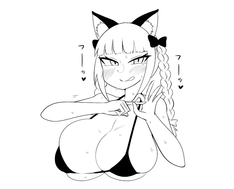 animal_ears artist_request bangs big_breasts bikini blush braid cleavage gesture hair_ribbon hairbow japanese_text licking looking_at_viewer looking_to_the_side monochrome oronamin_d rin_kaenbyou subterranean_animism sweat tongue touhou twin_braids