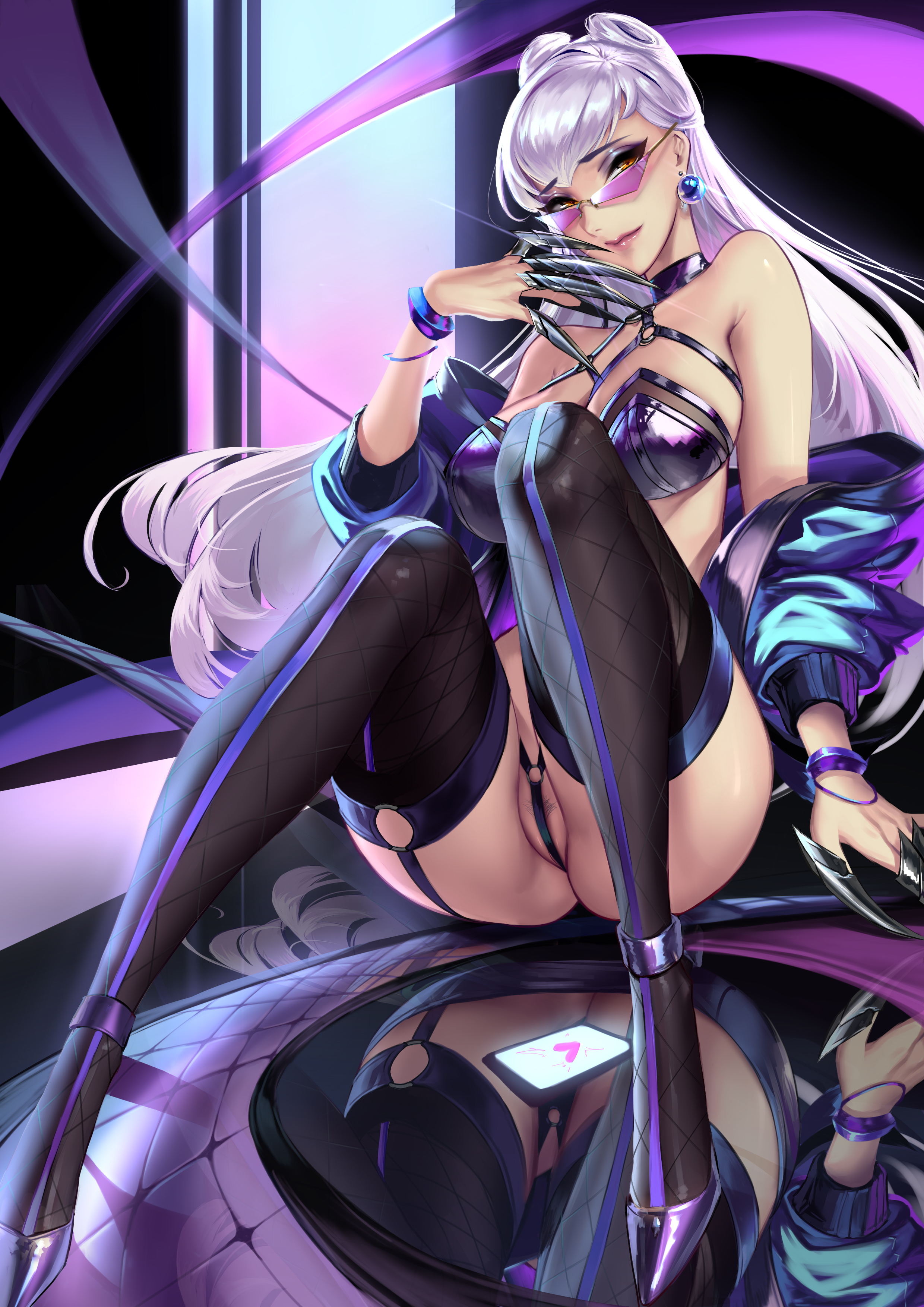 1girls, absurdres, ass, bangs, bare shoulders, blue jacket, boots, bracelet, breasts, cameltoe, choker, cianyo, cleavage, ear piercing, earrings, evelynn, female, female focus, female only, garter straps, hairy, hairy pussy, highres, jacket, jewelry, k/da all out evelynn, k/da all out series, league of legends, long hair, looking at viewer, looking over eyewear, looking over glasses, looking over sunglasses, phone, purple hair, purple-tinted eyewear, pussy, reflection, reflective floor, shoes, sitting, smile, sunglasses, tagme, thick ass, thick thighs, thighhighs, thighs, tinted eyewear, yellow eyes