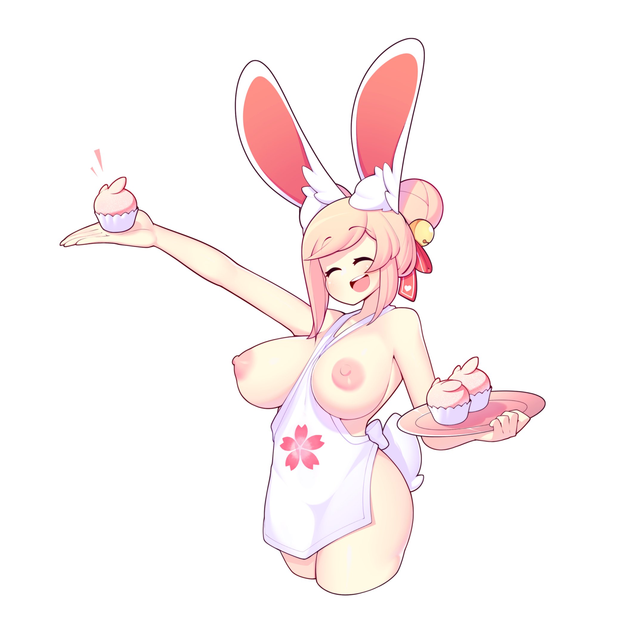 animal ears, apron, between breasts, breasts, bunny ears, bunny tail, double bun, female, fiz, fizintine, hair bun, hair ornament, large breasts, naked apron, nipples, original, pink hair, standing, tagme, tail, thighs