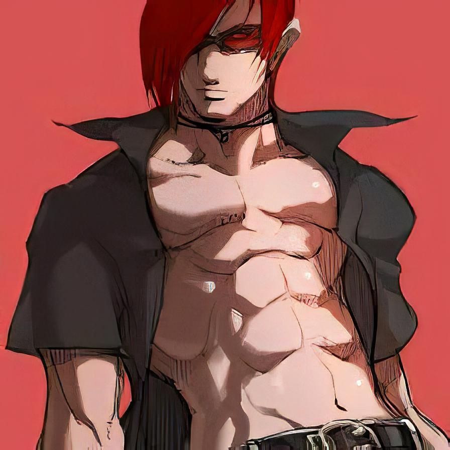 1boy abs another_iori artist_request barely_clothed belt black_hair black_hair_bottom domination gay iori_yagami jacket king_of_fighters light_hair_on_dark_hair male_only muscular muscular_male red_hair red_hair_on_black_hair red_hair_top safe simple_background snk solo_male sunglasses unknown_artist yaoi