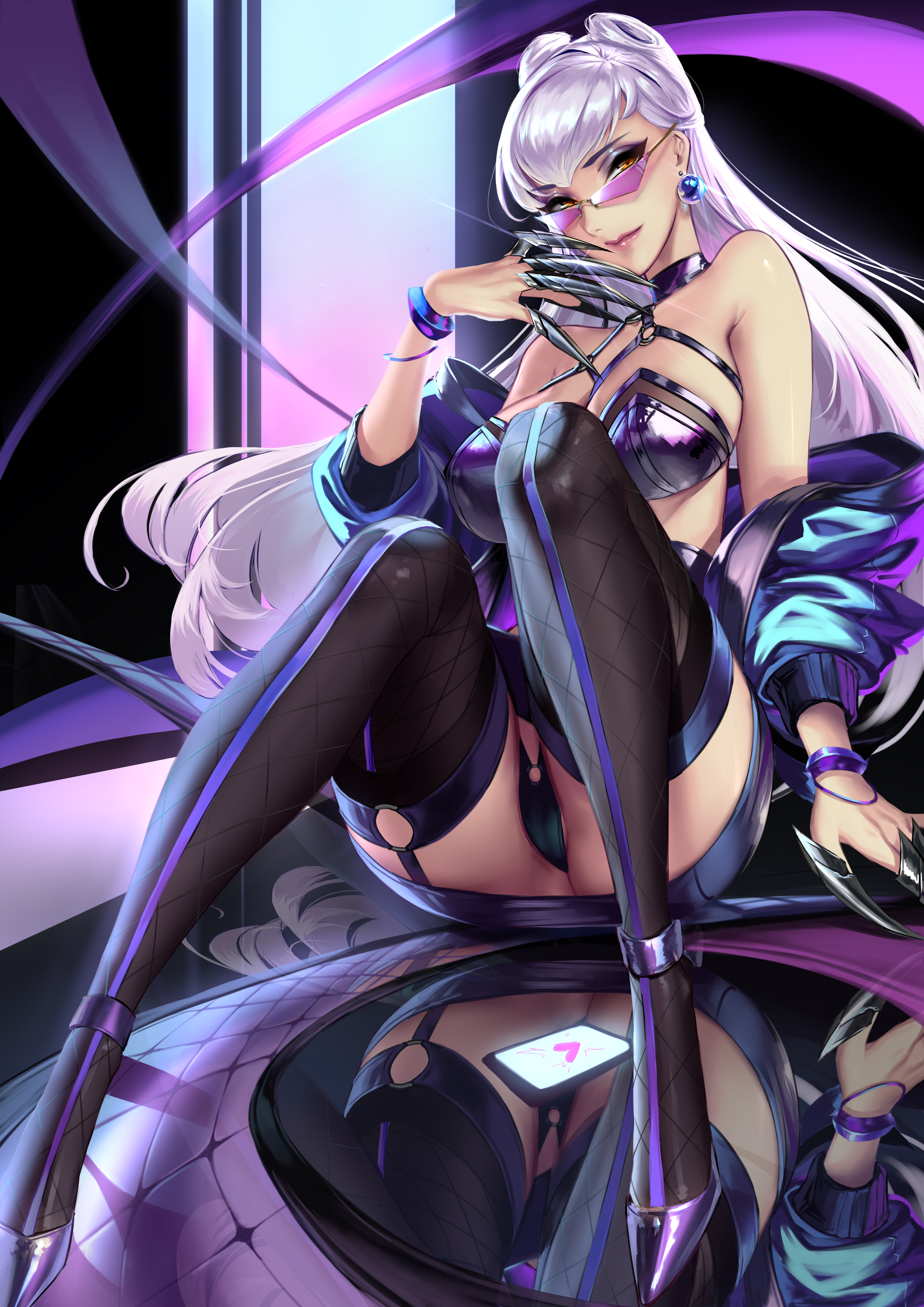 1girls, absurdres, ass, bangs, bare shoulders, blue jacket, boots, bracelet, breasts, cameltoe, choker, cianyo, cleavage, ear piercing, earrings, evelynn, female, female focus, female only, garter straps, highres, jacket, jewelry, k/da all out evelynn, k/da all out series, league of legends, long hair, looking at viewer, looking over eyewear, looking over glasses, looking over sunglasses, phone, purple hair, purple-tinted eyewear, pussy, reflection, reflective floor, shoes, sitting, smile, sunglasses, tagme, thighhighs, thighs, tinted eyewear, yellow eyes