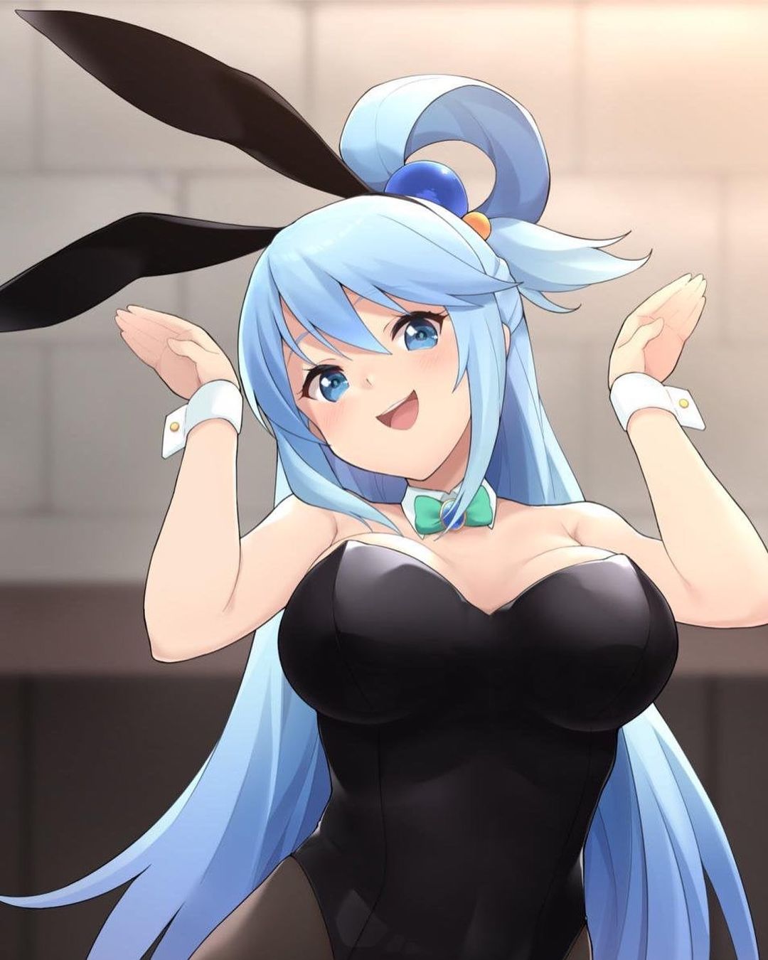aqua (konosuba), artist request, big breasts, blue eyes, blue hair, breasts, bunny ears, bunny jump, bunnysuit, cleavage, female, female only, hair ornament, human, kono subarashii sekai ni shukufuku wo!, long hair, looking at viewer, open mouth, sexually suggestive, smile, smiling