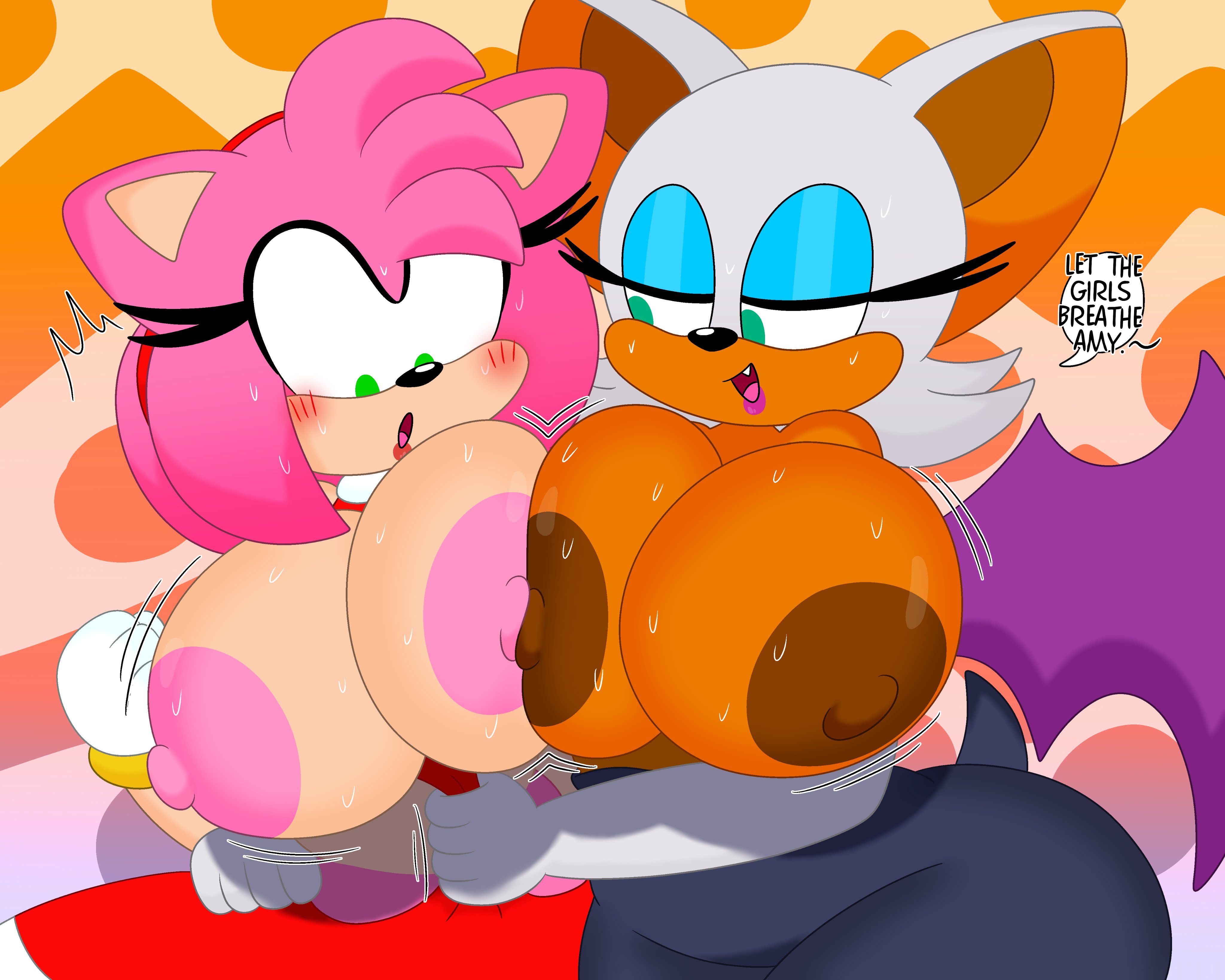 2girls, 3barts, amy rose, anthro, ass, assisted exposure, bat, big ass, big breasts, bodysuit, breast squish, breasts, breasts out, brown nipples, chiropteran, clothing, dark nipples, dialogue, dress, female, female only, green eyes, hedgehog, huge breasts, looking at breasts, multiple females, multiple girls, nipples, nipples touching, pink nipples, red dress, rouge the bat, sonic (series), surprised, sweat, thick thighs, wide hips