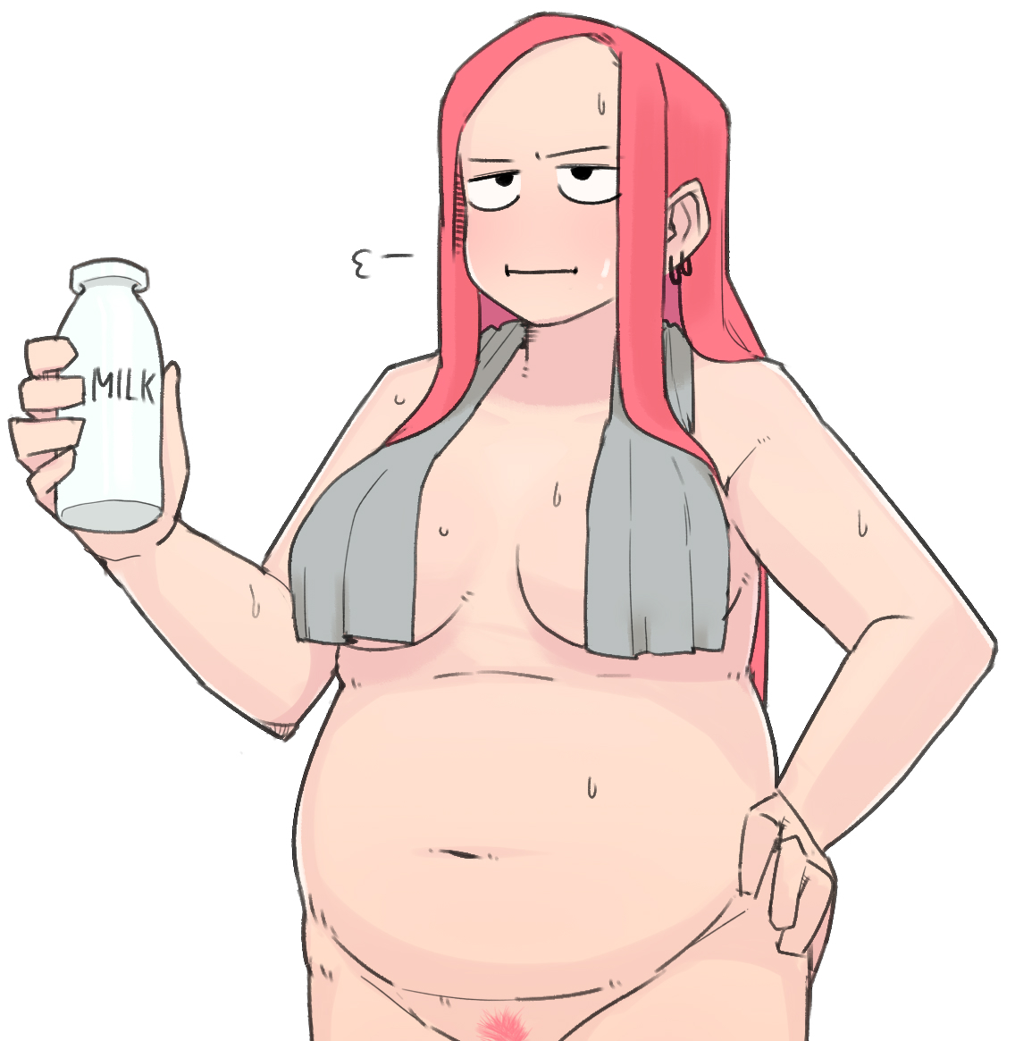 1girls, bbw, breasts, chubby, chubby female, ear piercing, earrings, fat, female, female only, long hair, milk, ohasi, original character, pierced ears, piercing, pink (ohasi), pink hair, pubic hair, slightly chubby, solo, solo female, sweat, towel, towel over breasts