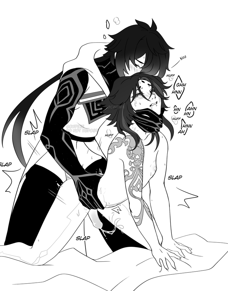 2boys, anal, blush, body markings, cumming, cwpixie, dark hair, gay, genshin impact, long hair, male, male only, multicolored hair, ponytail, saliva, sweat, tattoo, tears, xiao (genshin impact), yaoi, zhongli (genshin impact)