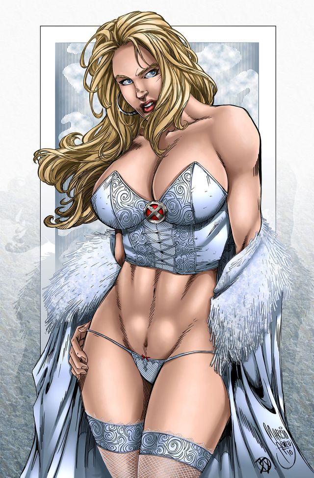 big_breasts blonde_hair bra breasts cleavage clothed curvy emma_frost female female_only lingerie looking_at_viewer marcio_abreu marvel marvel_comics panties solo superheroine thong underwear white_panties white_queen x-men