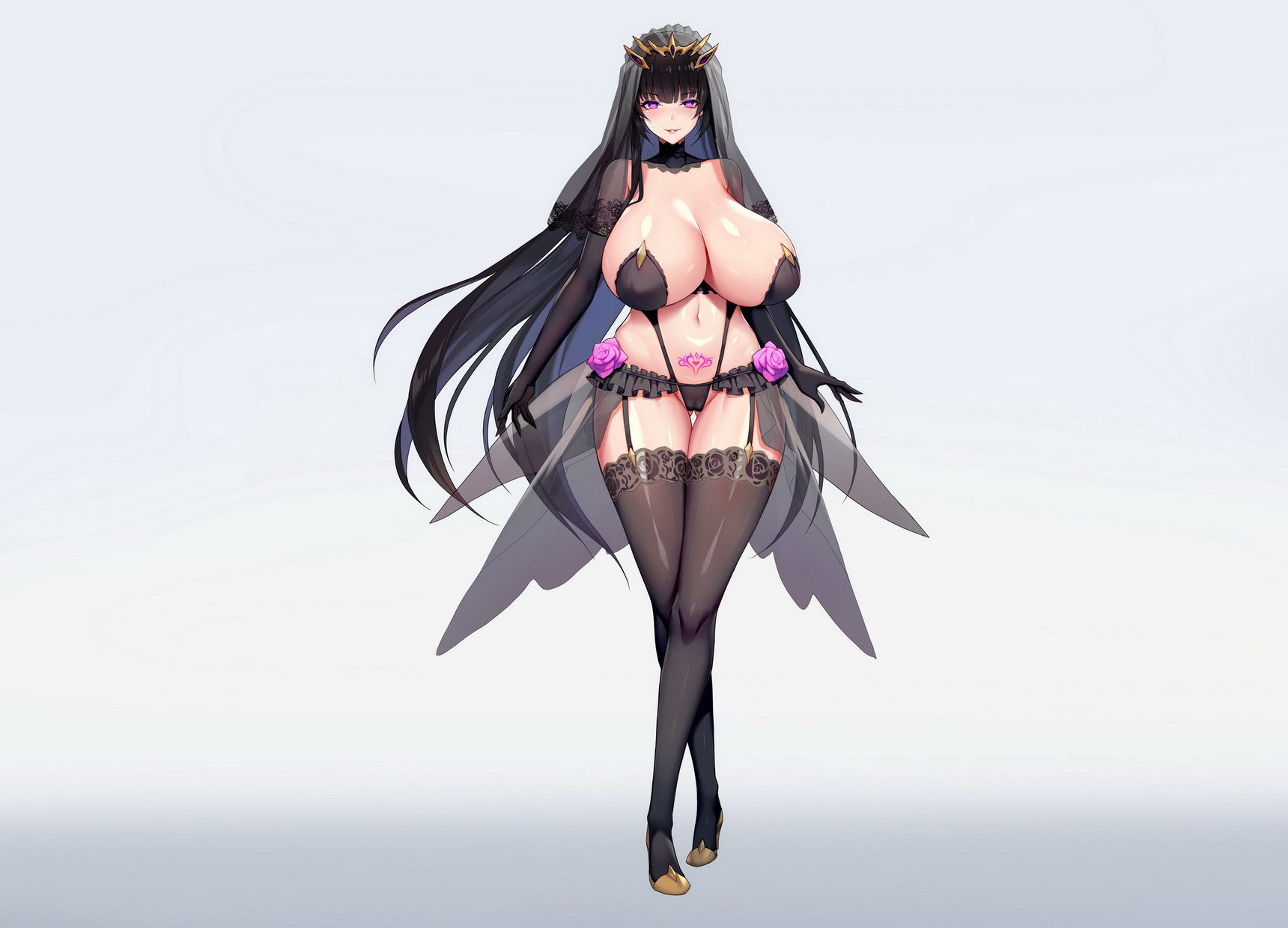 1girls, big breasts, black hair, brainwashing, breasts, cameltoe, cleavage, corruption, elbow gloves, eyelashes, eyeliner, female, female only, femsub, flower, frills, garter belt, garter straps, gloves, glowing eyes, habit, heart-shaped pupils, heels, hi res, high heels, huge breasts, kcccc, lingerie, long hair, makeup, mind control, navel, nipples, nipples visible through clothing, original, pubic tattoo, purple eyes, pussy, see-through, slave, solo, standing, stockings, tachi-e, tattoo, thighhighs, veil, very long hair, voluptuous, wide hips