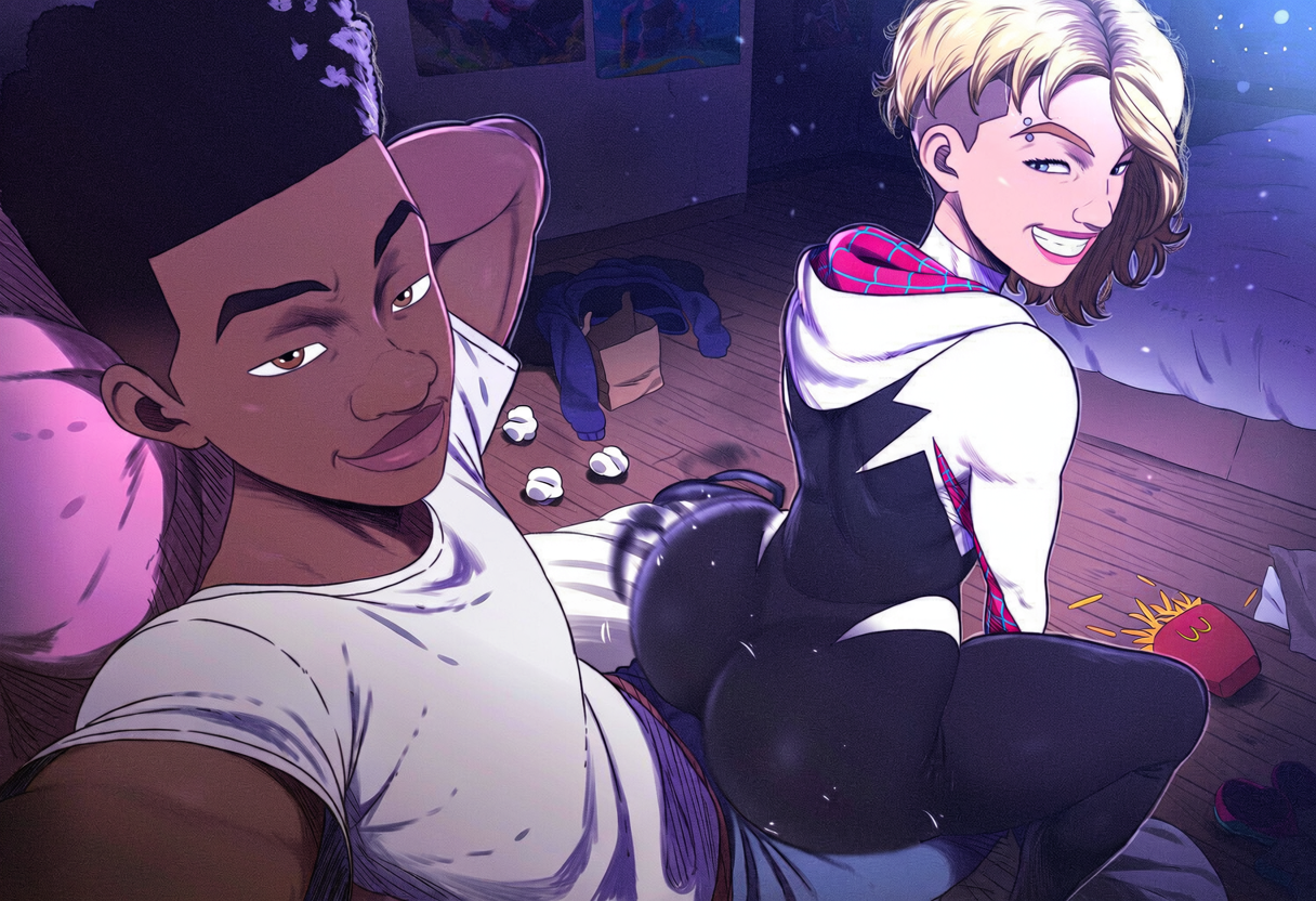 1boy, 1girls, ai generated, ass, ass bigger than head, ass focus, blonde hair, blue eyes, brown body, bubble butt, dark-skinned male, duo, female, gwen stacy, gwen stacy (spider-verse), hand behind head, holding phone, huge ass, interracial, male, marvel, marvel comics, mcdonald's, messy room, miles morales, miles morales (spider-verse), pose, posing, self upload, selfie, shaking ass, shaking butt, sitting on bed, sitting on person, smile, smug, smug face, spider-gwen, spider-gwen (spider-verse), spider-man (series), spider-man: across the spider-verse, spider-man: into the spider-verse, teeth, teeth showing, thick ass, thick butt, thick thighs, twerking, twerking on dick