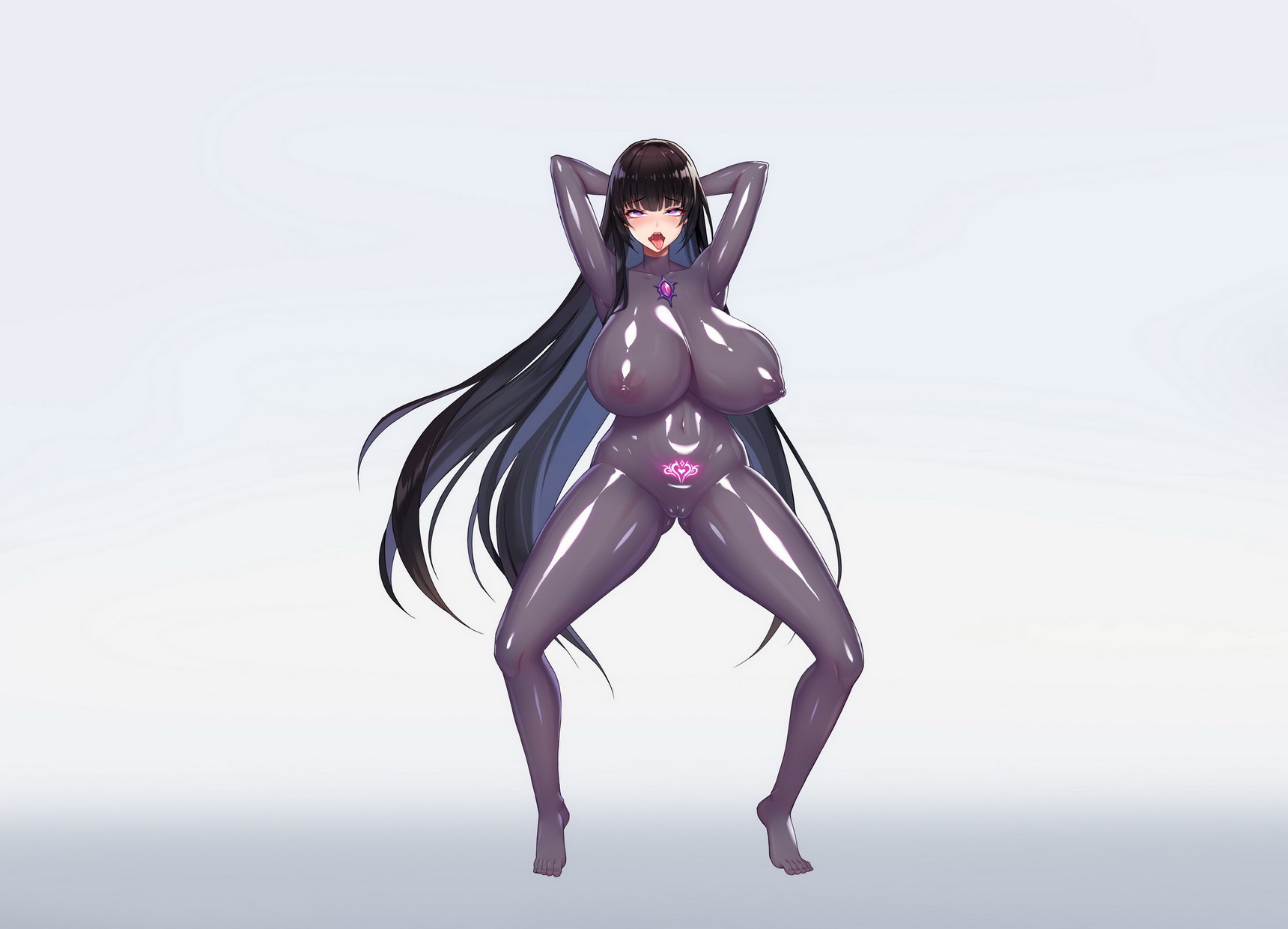 1girls, ahe gao, arms behind head, big breasts, black hair, bodystocking, bodysuit, bondage, brainwashing, breasts, cameltoe, completely nude, corruption, eyelashes, eyeliner, female, female only, femsub, full bodystocking, glowing eyes, hi res, huge breasts, jpeg, kcccc, large breasts, latex, latex clothing, latex suit, long hair, makeup, mind control, nipples, nipples visible through clothing, nude, nude female, original, pose, pubic tattoo, purple bodysuit, purple clothing, purple eyes, purple latex, pussy, see-through, slave, solo, squatting, standing, tachi-e, tattoo, tongue, tongue out, very long hair, voluptuous, wide hips