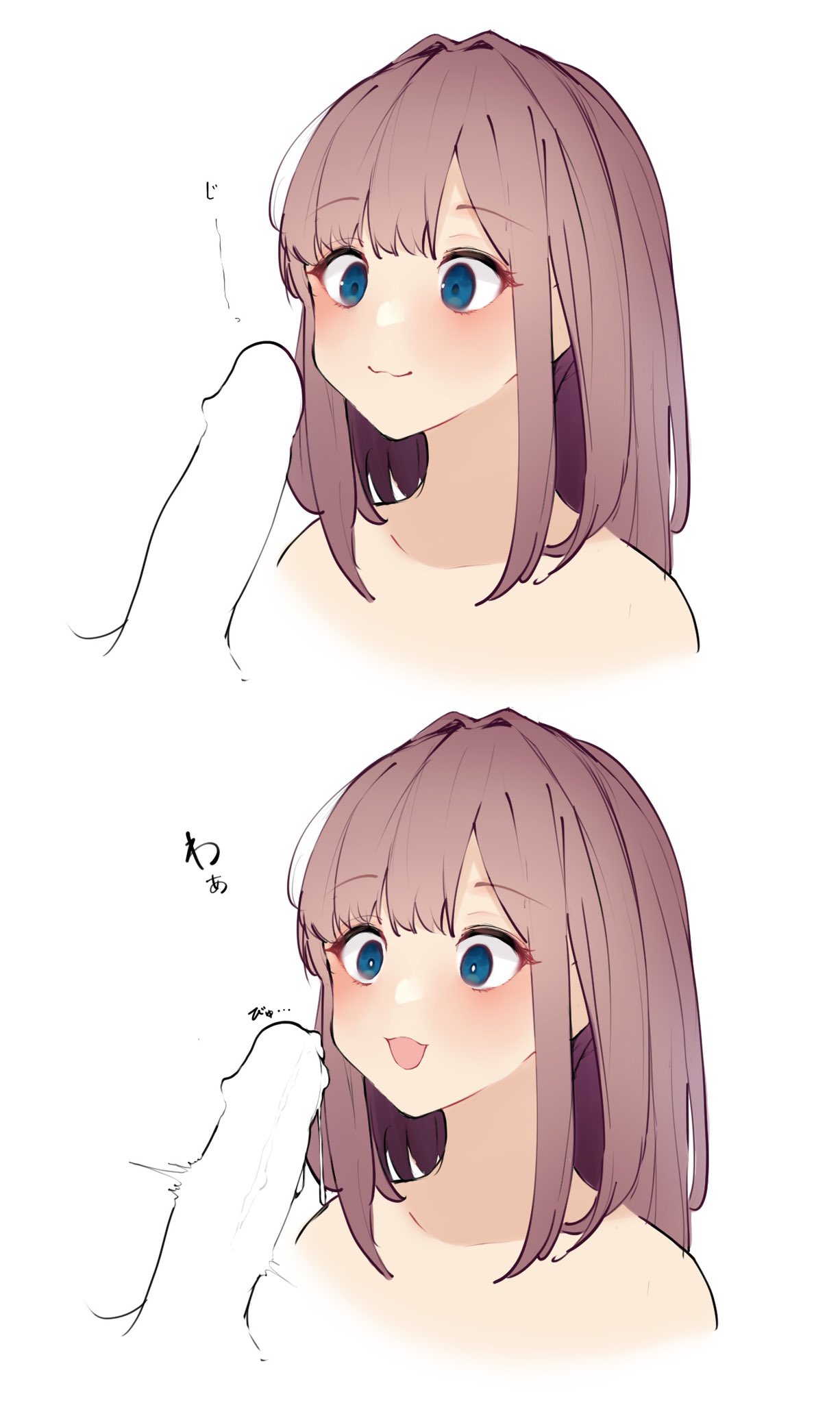 :3 brown_hair cum ejaculation erection eyebrows_visible_through_hair female green_eyes highres looking_at_penis medium_hair nijisanji open_mouth penis penis_awe premature_ejaculation putama simple_background suzuhara_lulu twitching_penis virtual_youtuber