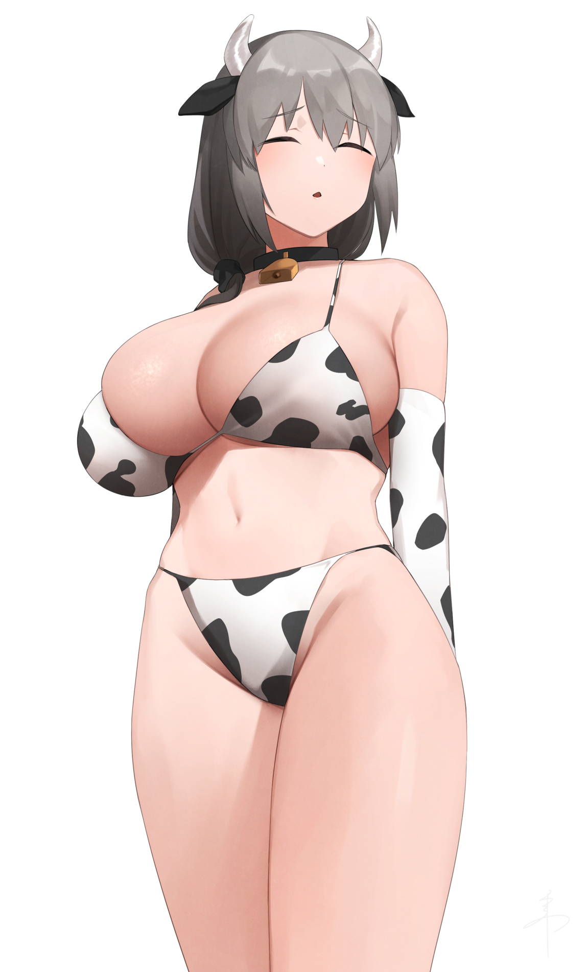 1girls, arms behind back, armwear, bell, bell collar, big breasts, black collar, blush, breasts, closed eyes, collar, cow bikini, cow ears, cow horns, cow print, cow print armwear, cowbell, eyes closed, female, female focus, female only, horns, low-tied long hair, mature, mature female, milf, senju (snz0), simple background, solo, solo female, solo focus, standing, uzaki tsuki, uzaki-chan wa asobitai!, white background