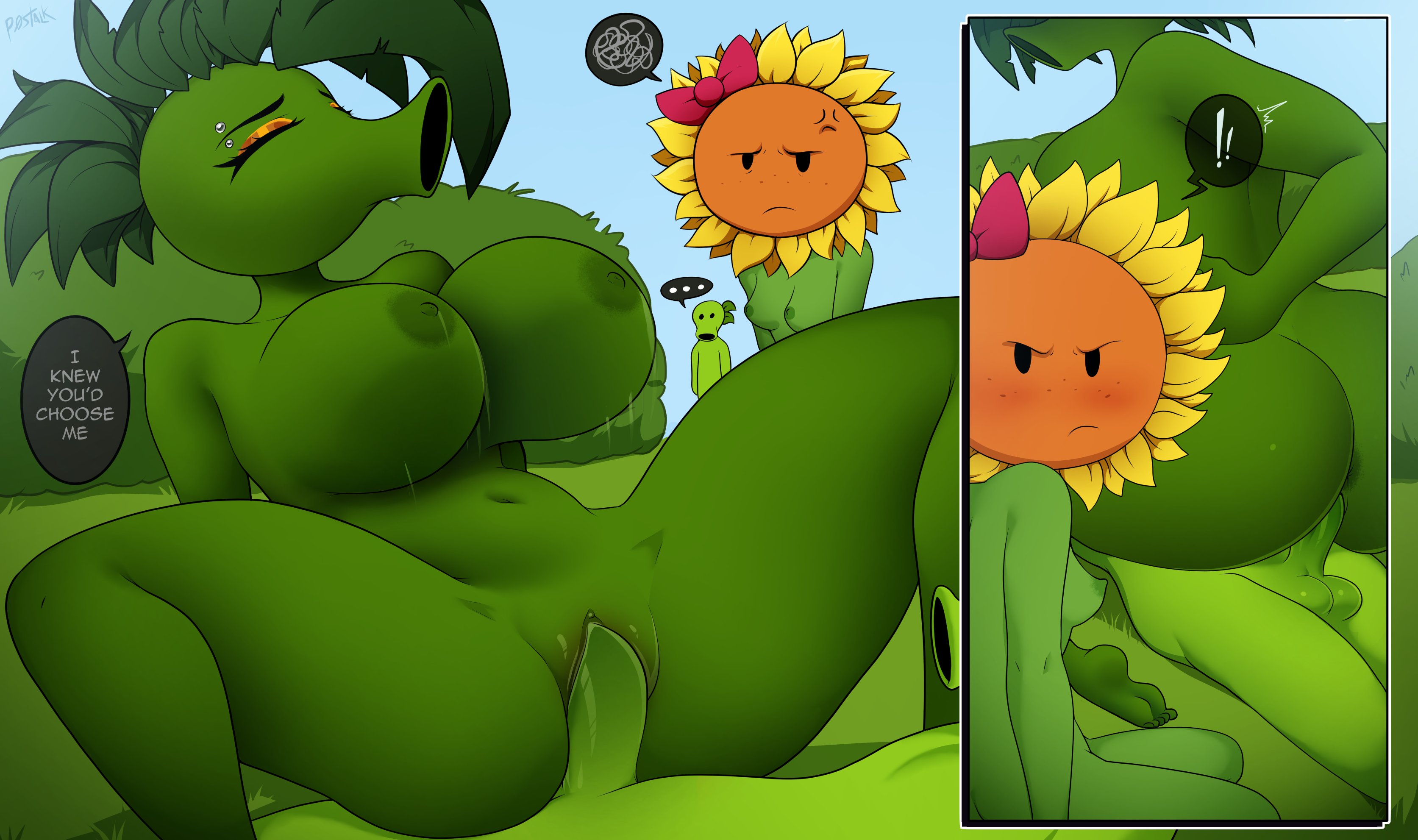 1boy, 2026, 2d, 2girls, ass, balls, big breasts, breasts, cock, cowgirl position, dick, duo focus, electronic arts, english text, female, green body, green hair, hair, jealous, jealous female, jealous look, leaf hair, male, naked, naked female, naked male, nipples, nude, nude female, nude male, p0stalk, peablaze (leafpaw), peashooter (pvz), penetration, penis, piercing, piercings, plants vs zombies, popcap games, pussy, reverse cowgirl position, sex, straight, sunflower (pvz), text, vagina, vaginal penetration