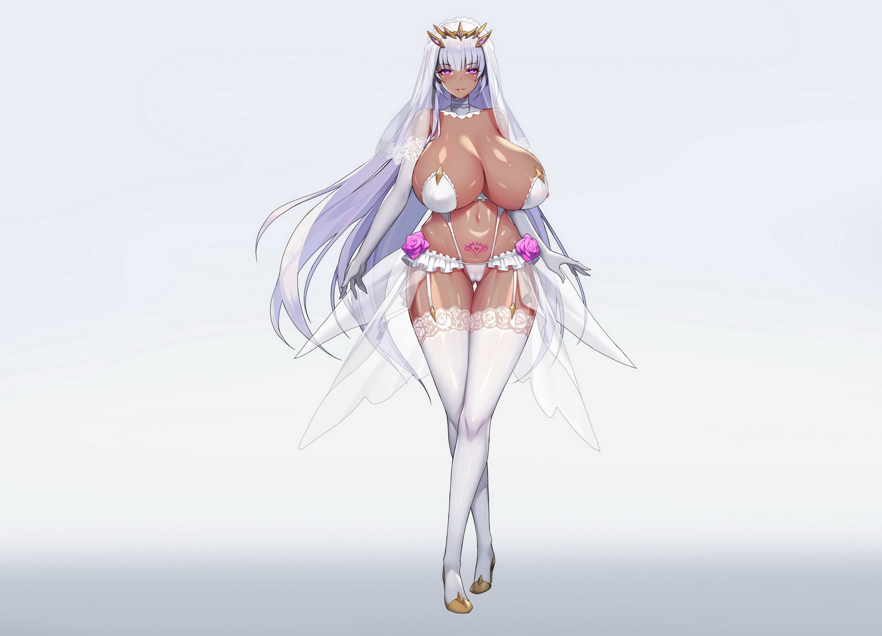 1girls, breasts, cleavage, corruption, dark skin, dark-skinned female, detached sleeves, elbow gloves, female, flower, garter straps, gloves, habit, heart-shaped pupils, high heels, highres, huge breasts, kcccc, lance, looking at viewer, mind control, original, polearm, pubic tattoo, purple eyes, purple hair, smile, solo, solo female, standing, tachi-e, tattoo, thighhighs