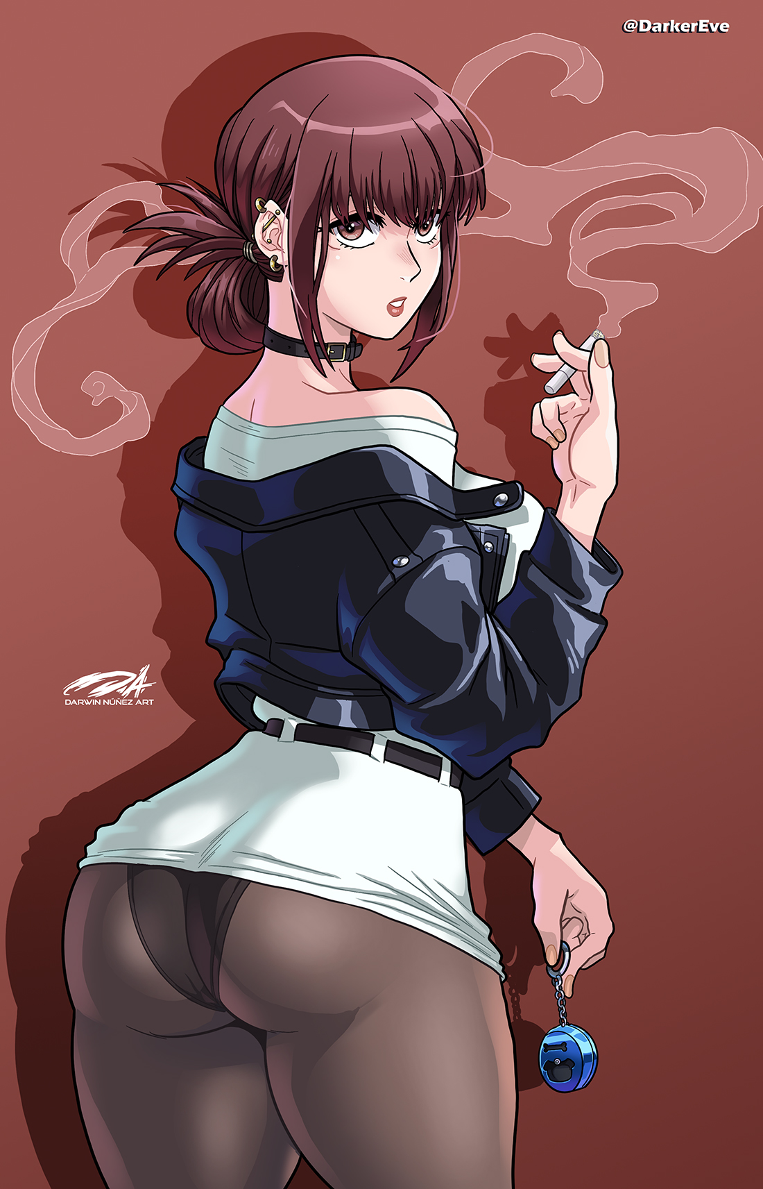 1girls, ass, belt collar, brown eyes, brown hair, cigarette, clothing, darkereve, ear piercing, earrings, female, female only, hi res, jacket, leather jacket, looking at viewer, panties under pantyhose, pantyhose, simple background, smoking cigarette, solo, super no ura de yani suu futari, tayama (super no ura de yani suu futari), thick ass, thick thighs, tied hair