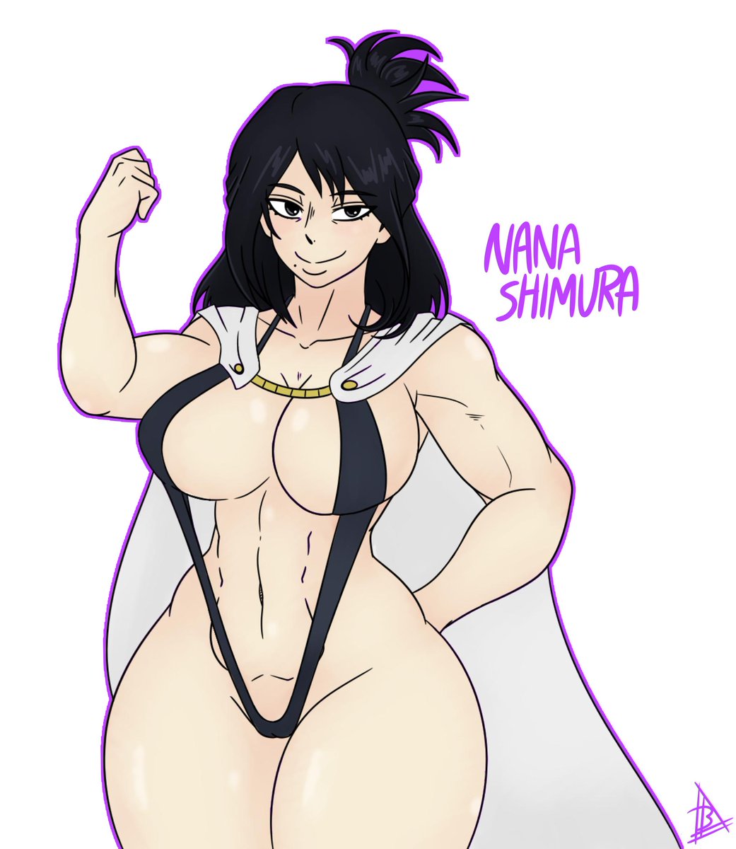 bermuda art, big breasts, black hair, breasts, female, flexing, gloves, milf, mole, my hero academia, nana shimura, sling bikini, string bikini, superheroine, thick thighs