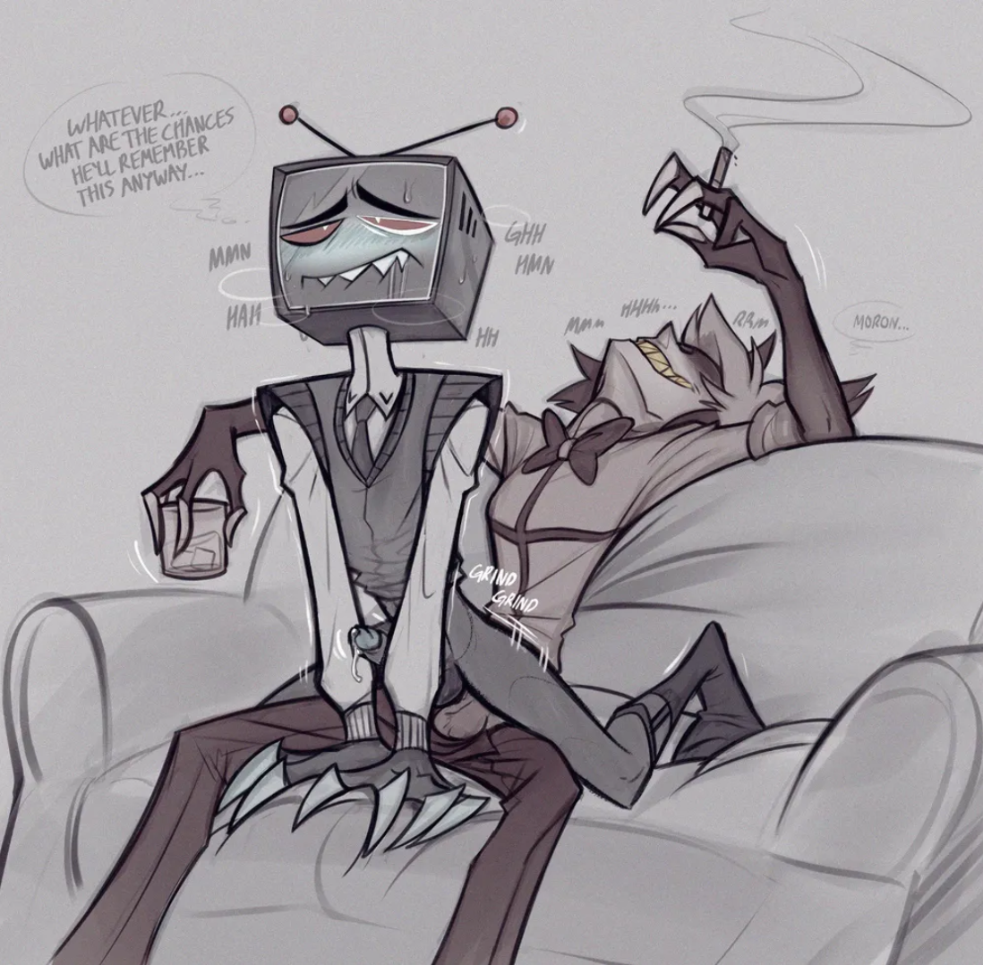 2boys, 2males, alastor (hazbin hotel), anal, anal sex, biting own lip, blush, cigarette, clothed sex, drunk, drunk sex, dubcon, dubious consent, femboy, gay, gay anal, grinding, grinding on penis, hazbin hotel, hellaverse, homosexual, homosexual male, leaking precum, male, male penetrated, male penetrating, male penetrating male, male/male, ranksauce, smoking, smoking cigarette, tv head, vox (hazbin hotel)