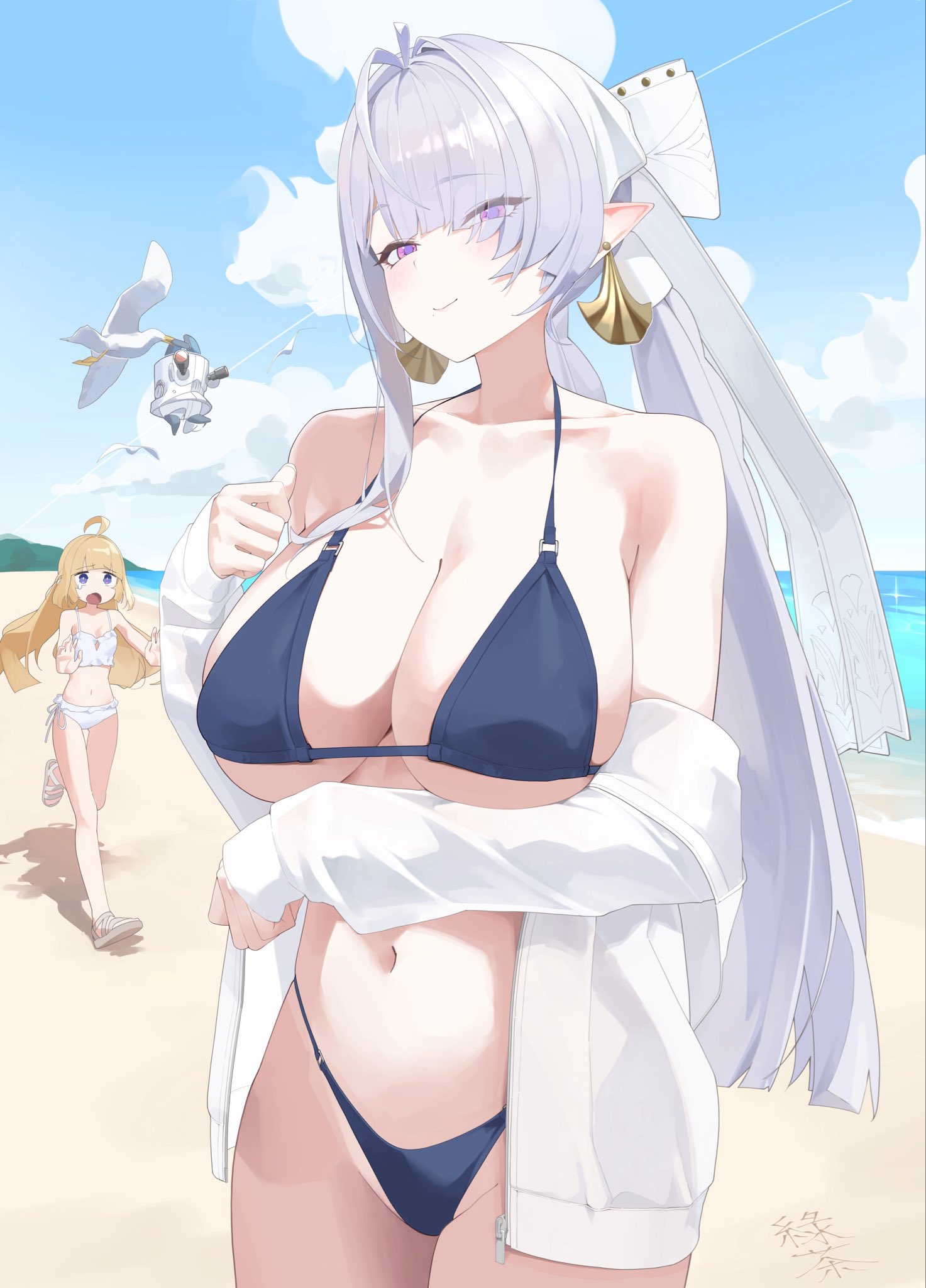 2girls, ahoge, bangboo (zenless zone zero), beach, bikini, blonde hair, blue bikini, blue sky, breasts, commentary request, earrings, grey hair, highres, jewelry, large breasts, multiple girls, navel, norma hollowell, ocean, pointy ears, purple eyes, shirt, sky, small breasts, smile, stomach, swimsuit, thighs, velina airgid, white bikini, white shirt, zenless zone zero