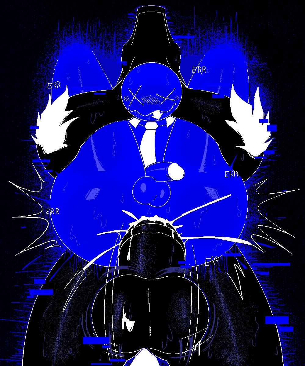 2d (artwork), anal, anal penetration, anal sex, anthropomorphization, balls, black body, blue body, blush, cum, cum in ass, elbow tuft, equine, equine penis, error, fan character, full nelson, gay, gay sex, glitch effect, grace (roblox), holding partner, kookoo (grace), legs up, lifting, massive balls, massive penis, motion lines, otherpolanda, penis, penis size difference, roblox, roblox game, round head, simple background, sweat, sweaty, sweaty ass, sweaty balls, tagme, tie, x eyes