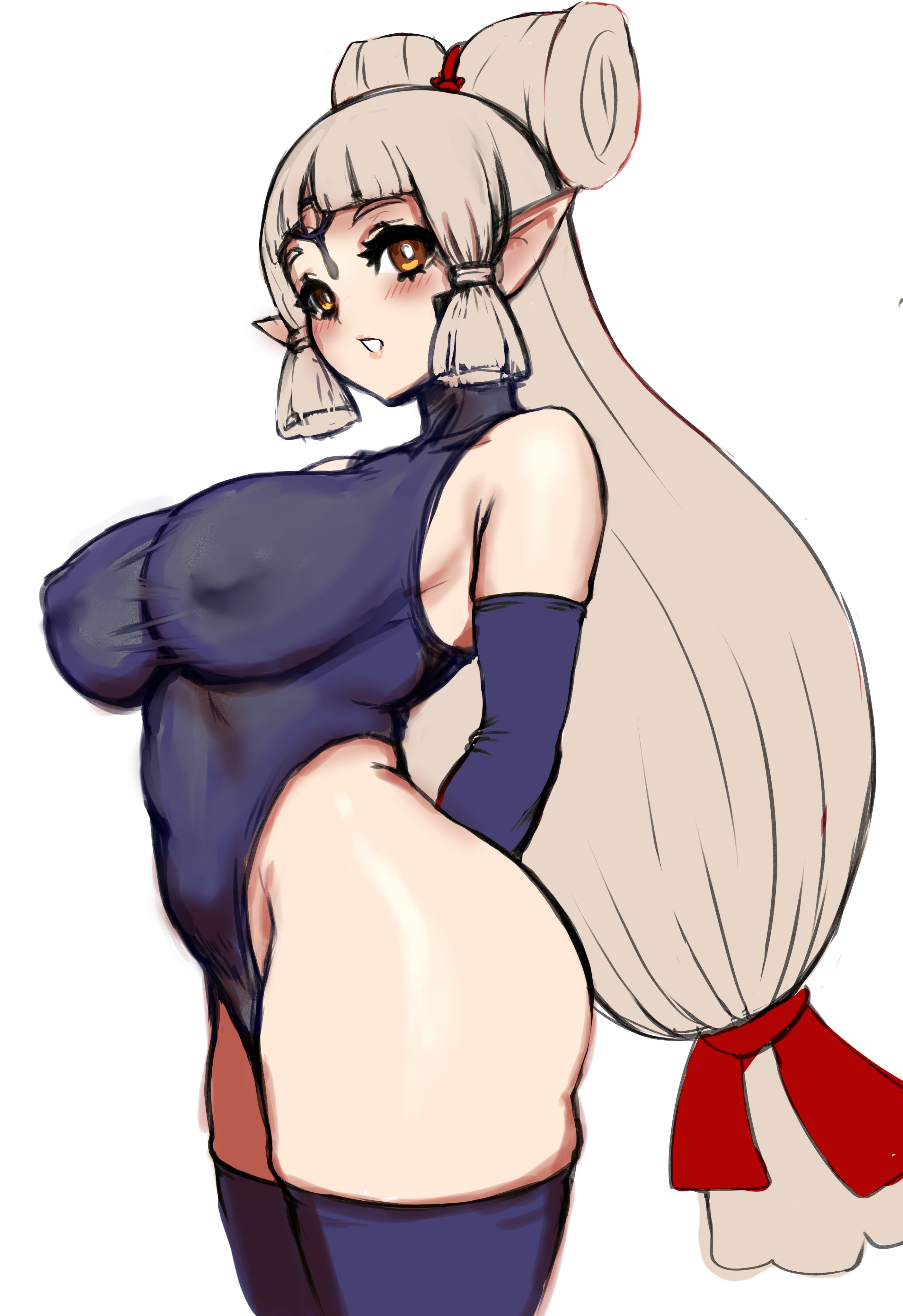 1girls, age of calamity, arms behind back, awesomeerix, bangs, big breasts, blush, breasts, covered nipples, elbow gloves, female, gloves, hair tubes, hyrule warriors: age of calamity, impa, impa (age of calamity), leotard, long hair, looking at viewer, pointy ears, sheikah, solo, the legend of zelda, thick thighs, thighhighs, thighs, very long hair