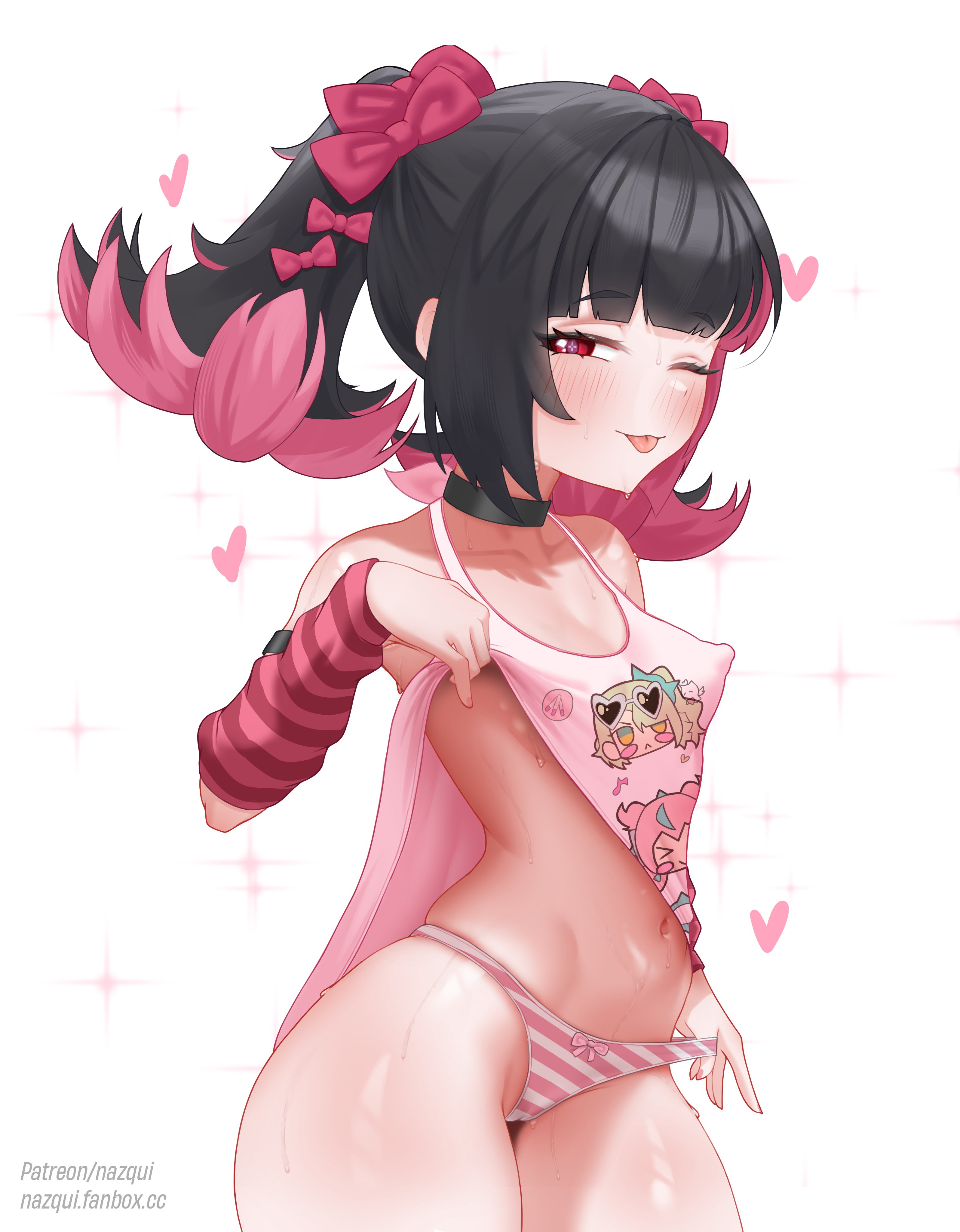 1girl, angels of delusion, aria (zenless zone zero), back hair, belly, blushing, female, female focus, female only, hoyoverse, kfc, light skin, light-skinned female, mihoyo, nangong yu (zenless zone zero), nazquifgv, official alternate costume, panties, pink hair, red eyes, simple background, small breasts, smug, sunna (zenless zone zero), sweat, sweatdrop, sweaty ass, sweaty body, thick thighs, tongue out, wide hips, zenless zone zero