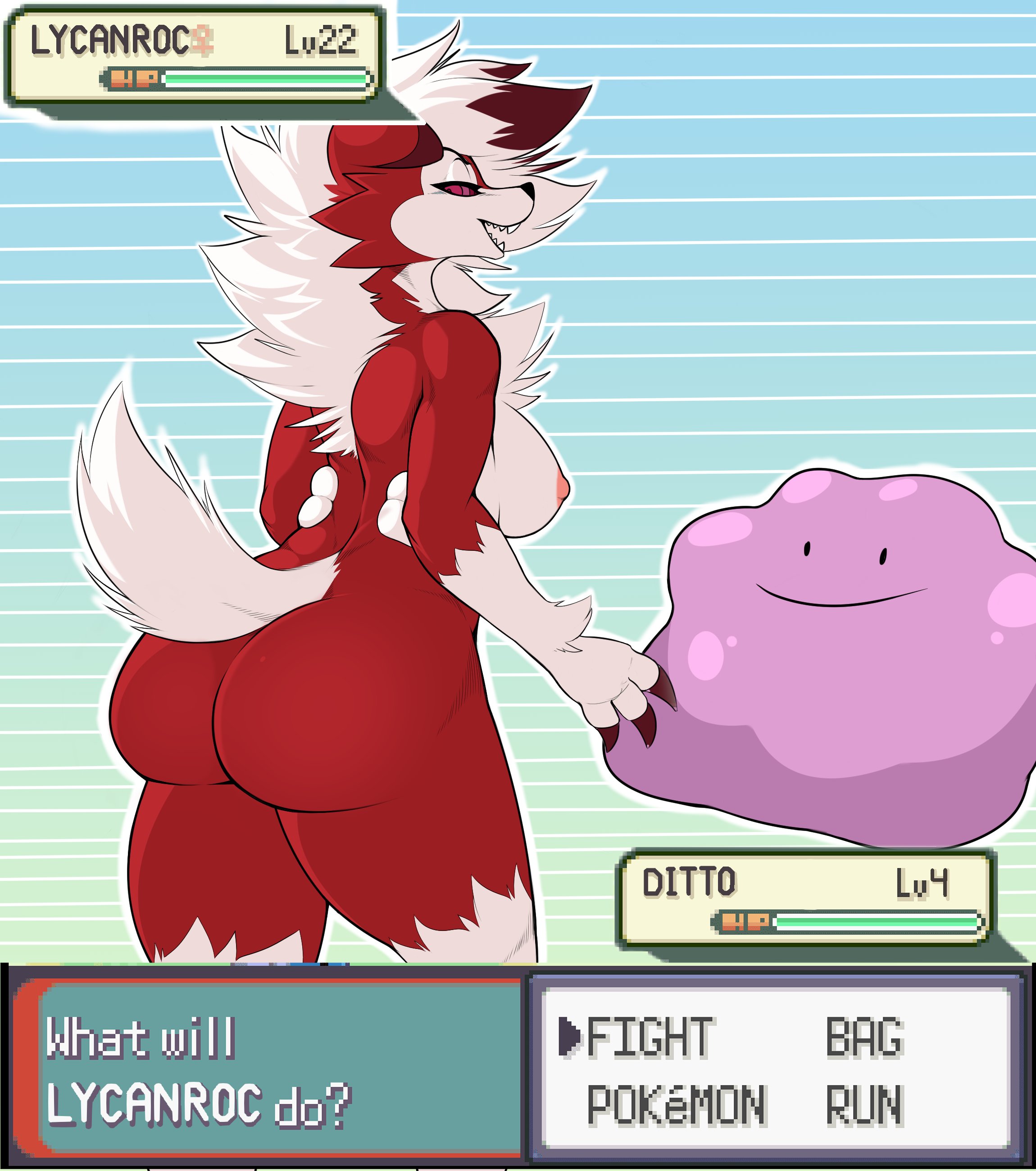 1girls, areolae, ass, breasts, danonymous, ditto, english text, female, furry, gameplay mechanics, looking at viewer, looking back, lycanroc, midnight lycanroc, narrowed eyes, nintendo, nipples, nude, nude female, pokémon (species), pokemon, pokemon (species), pokemon battle, red eyes, red fur, round ass, sideboob, tail, text, text box, very high resolution, white fur