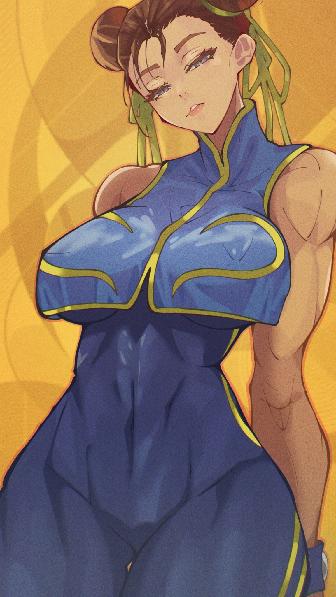 1girl, 1girls, 2026, absurd res, athletic, athletic body, athletic female, bangs, big ass, big breasts, big thighs, birthing hips, blue clothing, blue eyes, capcom, chun-li, cute face, digital drawing (artwork), digital media (artwork), eyelashes, female, female focus, female only, fit, fit female, hair buns, hand behind back, hi res, high resolution, highres, hips, hips wider than shoulders, large ass, muscular, muscular body, muscular female, muscular thighs, pear-shaped figure, pyxgt, slim thick, slim waist, solo, solo female, solo focus, street fighter, thick, thick hips, thick thighs, thigh gap, thighs, thighs bigger than head, thighs bigger than torso, toned, toned body, toned female, wide hips