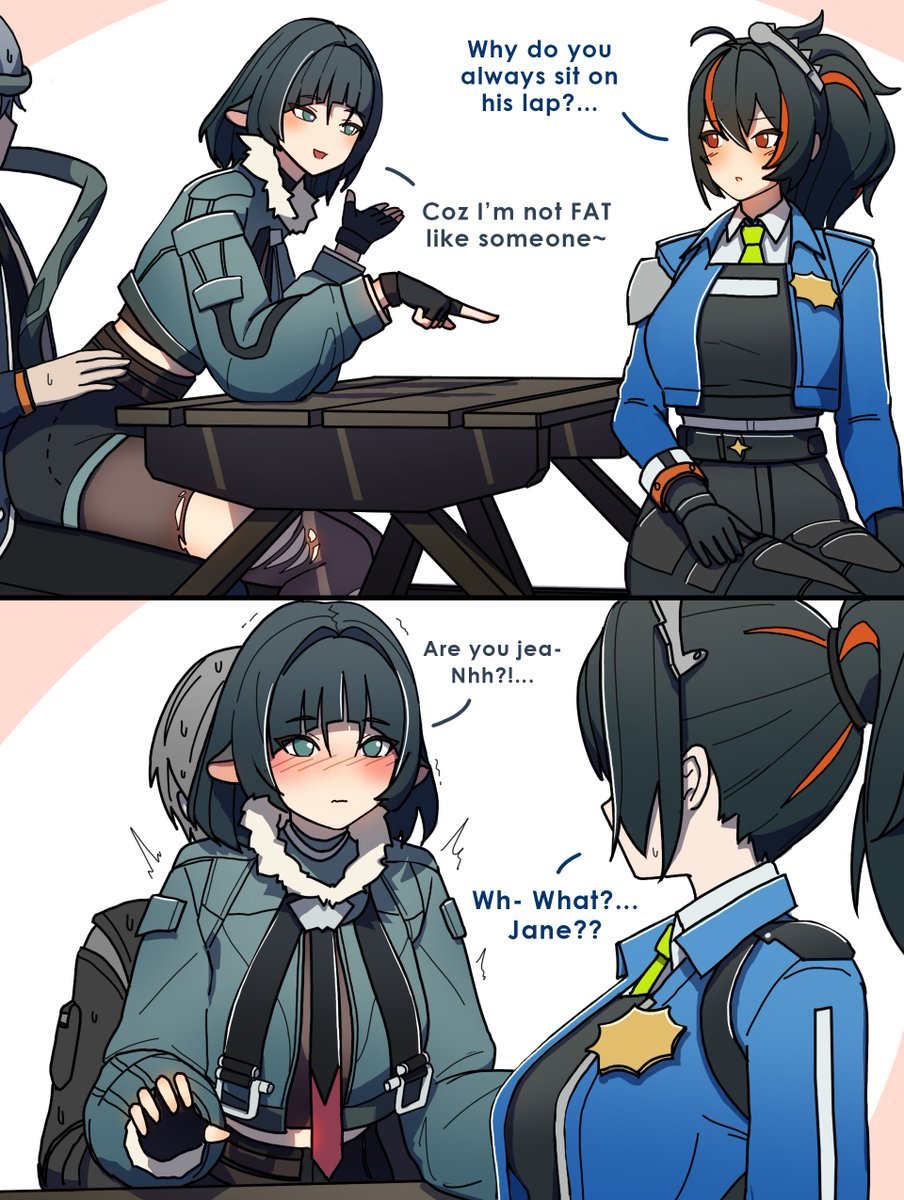 2d, black hair, blush lines, blushing, bob cut, dorahdew, embarrassed, embarrassed expression, embarrassed female, erection under clothes, hoyoverse, jacket, jane doe (zenless zone zero), jean shorts, large breasts, medium hair, mouse ears, mouse girl, mouse humanoid, mouse tail, open jacket, policewoman, sitting on another, sitting on lap, sitting on person, stockings, tagme, talking, talking to another, text, thick thighs, thigh highs, unexpected, unexpected erection, video game character, wise (zenless zone zero), zenless zone zero, zhu yuan