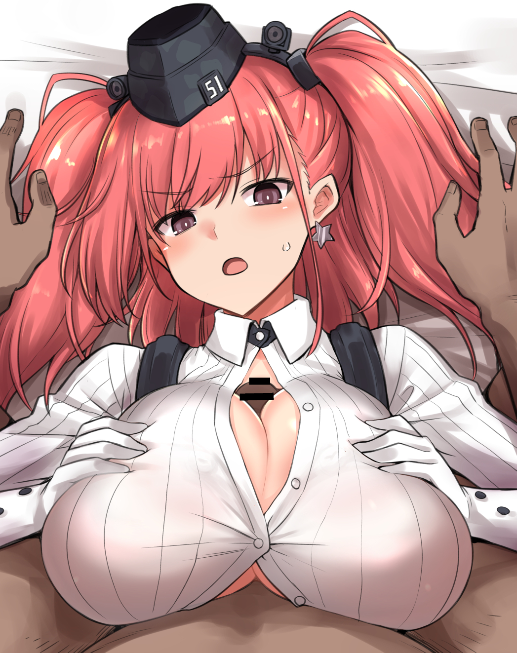 1boy atlanta_(kantai_collection) bar_censor black_headwear blush breasts brown_hair buttons censored collared_shirt dark-skinned_male dark_skin earrings eyebrows_visible_through_hair female garrison_cap gloves grey_eyes hat highres jewelry kantai_collection kokutou_nikke large_breasts long_hair long_sleeves paizuri penis shirt single_earring solo_focus star_(symbol) star_earrings two_side_up white_gloves white_shirt