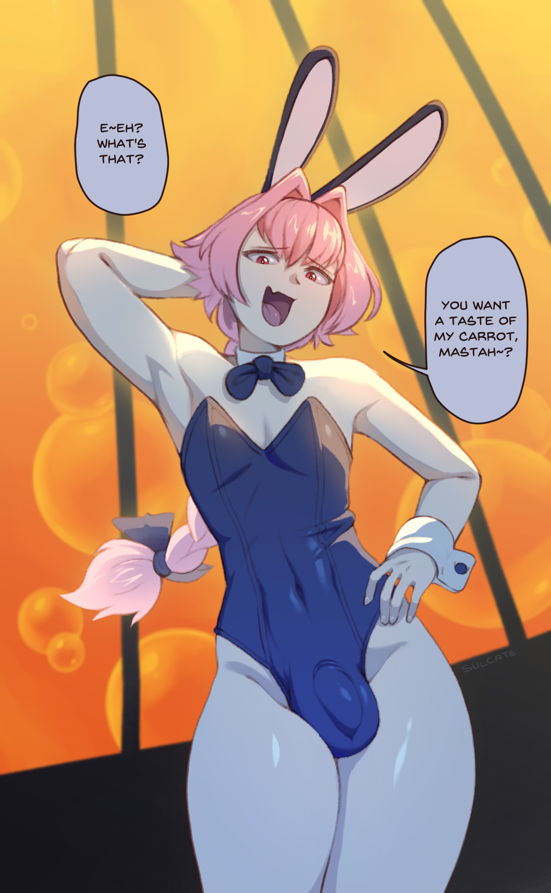 1boy, astolfo (fate), bulge, bunny ears, bunnysuit, dialogue, fate (series), fate/apocrypha, femboy, girly, looking at viewer, male, male only, penis, penis bulge, penis under clothes, solo, speech bubble, sulcate, text, thick thighs, trap, wide hips
