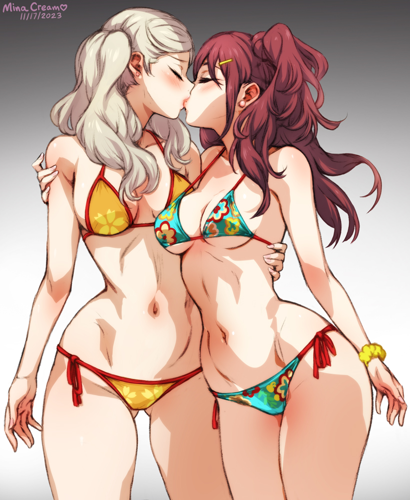 2girls, alternate version available, ann takamaki, ann takamaki (cosplay), belly button, bikini, blonde hair, blush, blushing, breasts, breasts pressed together, brown hair, child bearing hips, closed eyes, cosplay, costume switch, exposed midriff, eyes closed, female, female only, hourglass figure, hourglass figured female, hug, human, kissing, kujikawa rise, kujikawa rise (cosplay), leggings, lesbian, lesbian kiss, long hair, lovers arcana, medium breasts, megami tensei, midriff, minacream, multiple girls, pale skin, passionate, passionate kiss, persona, persona 4, persona 4 the golden, persona 5, persona 5 royal, slim waist, thick thighs, thighhighs, twintails, video game character, wide hips, yuri