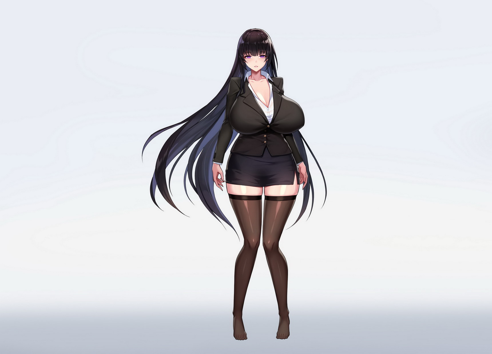1girls, bare thighs, black hair, blouse, brainwashing, breasts, cleavage, corruption, eyelashes, eyeliner, female, female only, femsub, glowing eyes, hi res, huge breasts, kcccc, large breasts, lingerie, long hair, long sleeves, makeup, mind control, miniskirt, original, purple eyes, shirt, skirt, slave, solo, standing, stockings, tachi-e, thighhighs, very long hair, wide hips