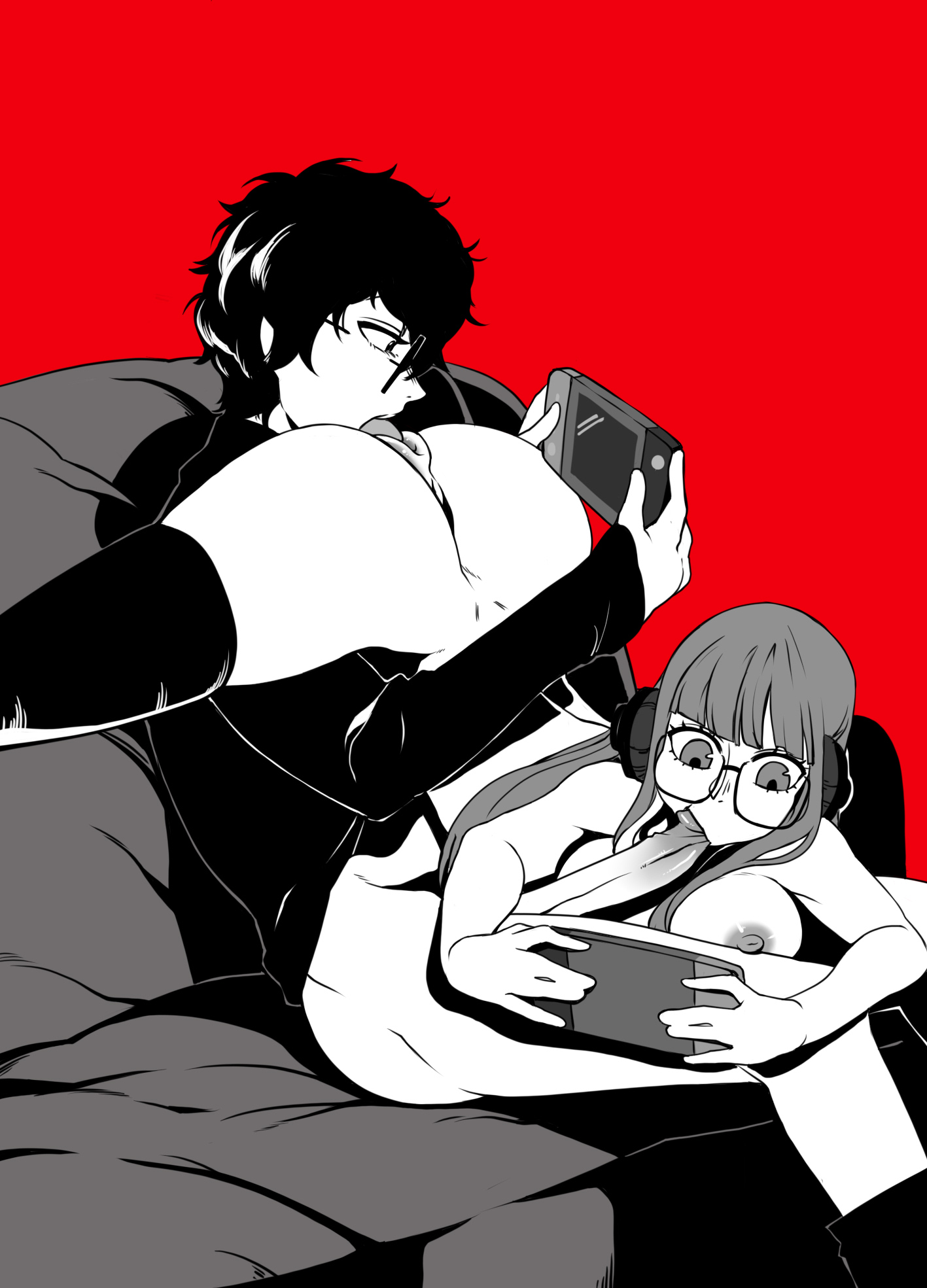 69, 69 position, akira kurusu, atlus, big penis, blowjob, breasts, casual, casual sex, deaf (artist), fellatio, female, game controller, gamer girl, glasses, joker (persona), male, nipples, penis, persona, persona 5, pussy, pussy lick, ren amamiya, sakura futaba, stockings