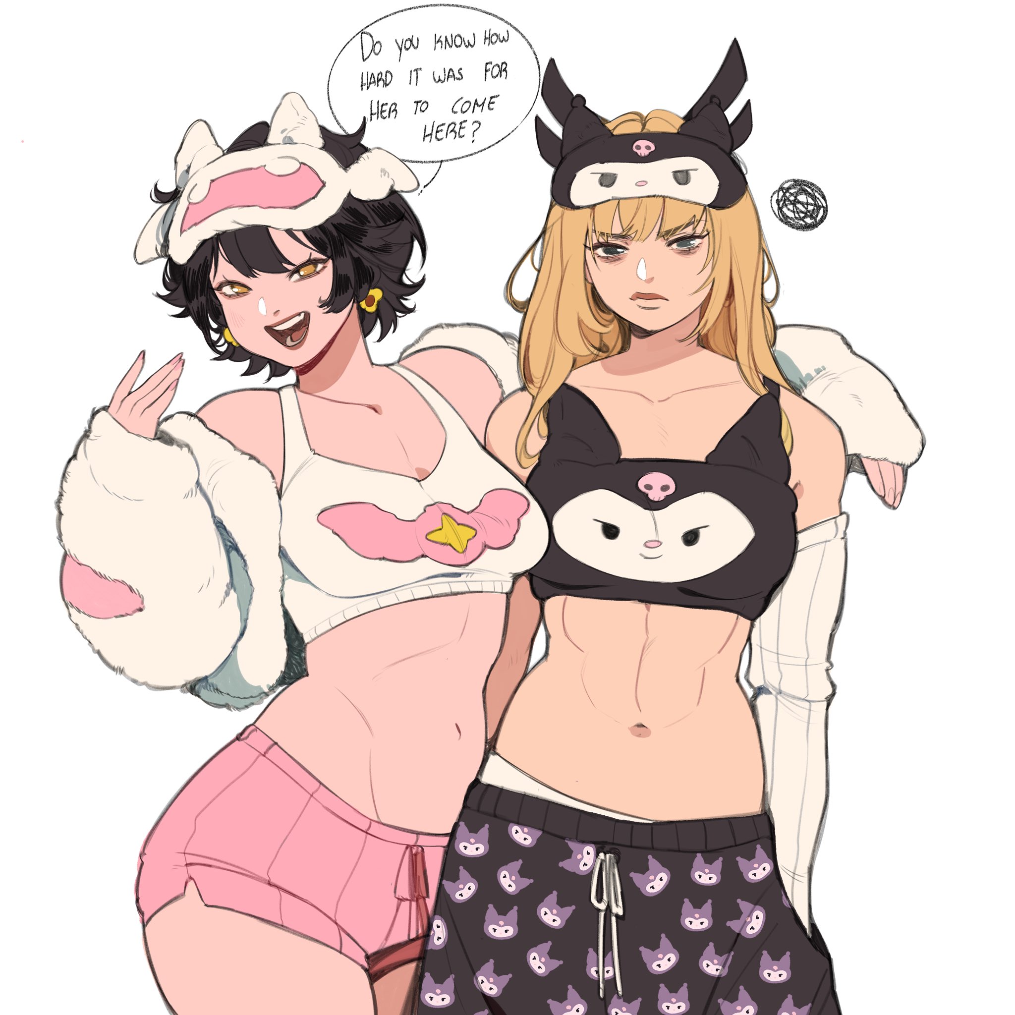 2d, 2girls, abs, big ass, big breasts, cleavage, cute, female, female only, jubilation lee, jubilee, jubilee (marvel rivals), jubilee (vampy jammies), kamii momoru, magik (illyana rasputin), magik (marvel rivals), marvel, marvel rivals, midriff, navel, pajamas, slumber party, thick thighs, wholesome
