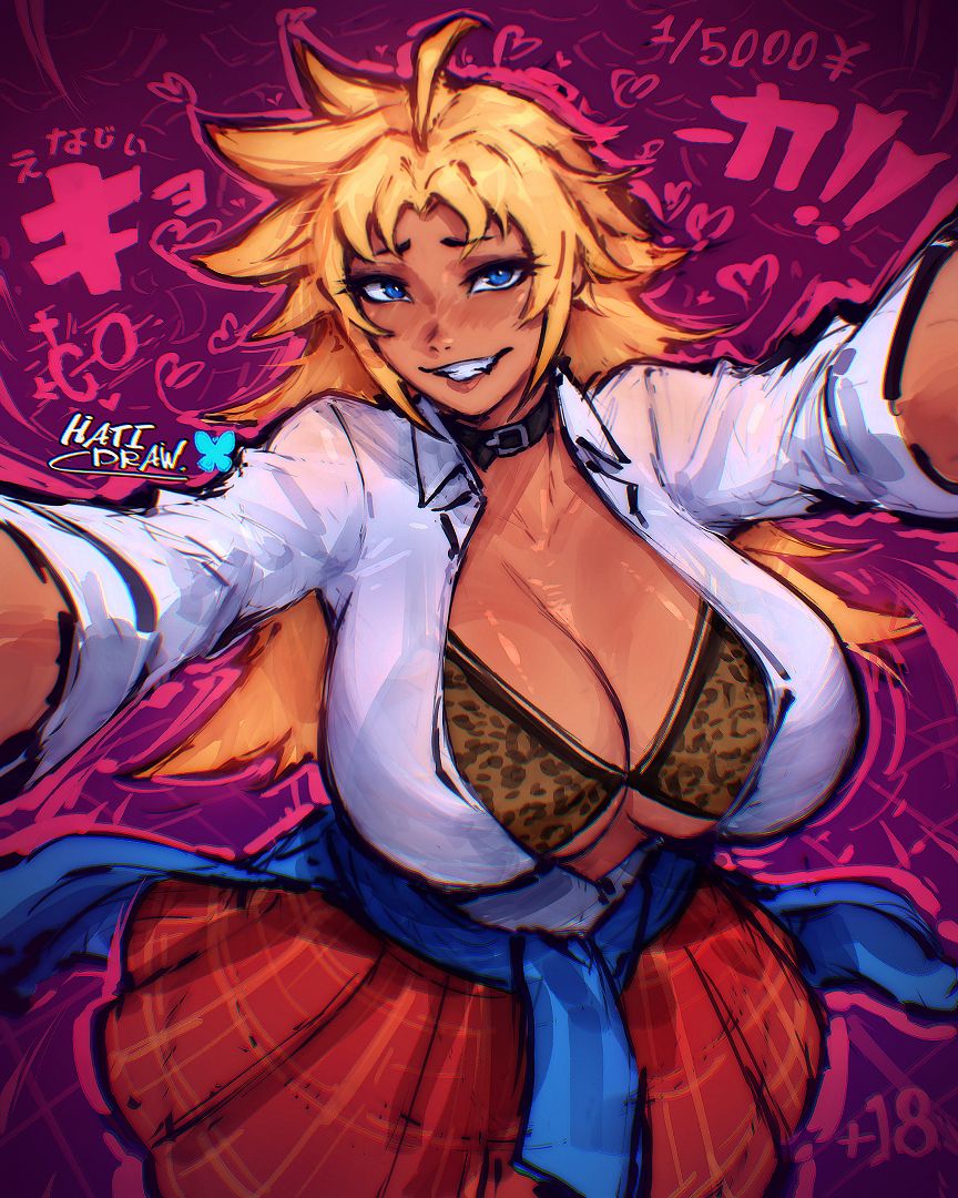 2d, blonde hair, blue eyes, busty, energy kyouka!!, female, female focus, female only, gyaru, hatidraw, hourglass figure, long hair, school uniform, schoolgirl, selfie, shiraishi kyouka, tan, tan body, tan skin, teenager, wide hips
